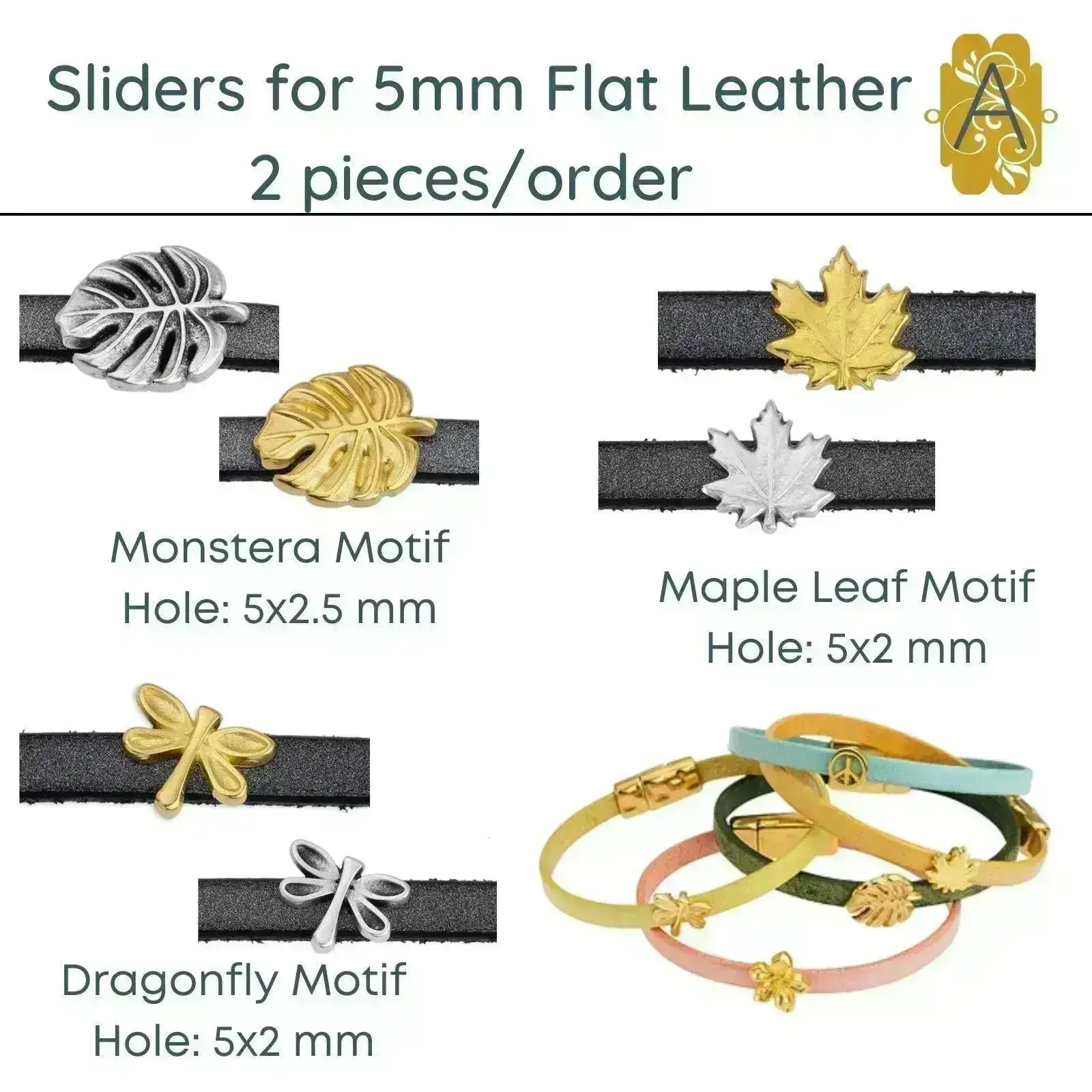Sliders for 5mm Flat Leather or Cords, (2 Pieces) 3 Styles, 2 Finishes