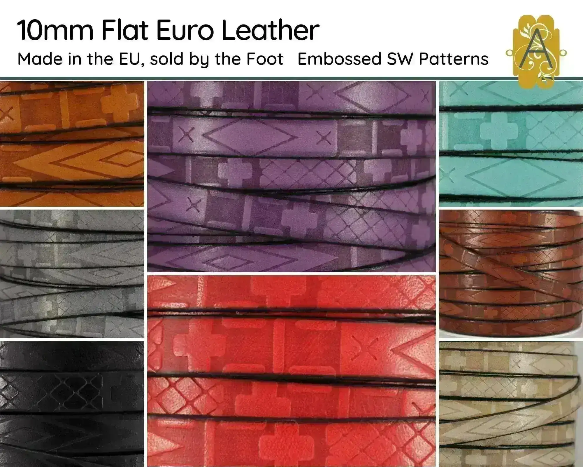 Flat Euro Leather - Southwestern Design, 10mm, in 8 Colors