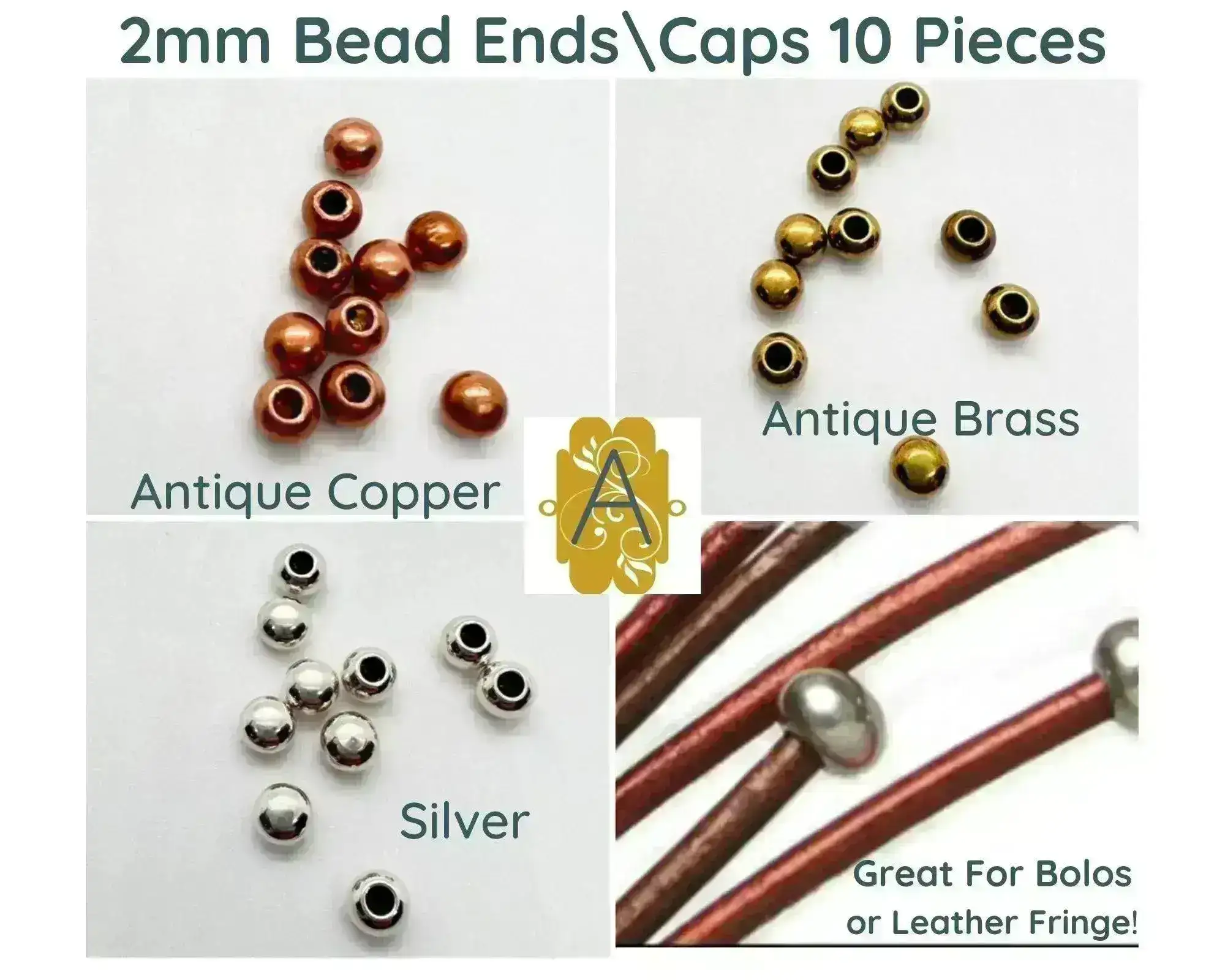 Round Ball End Caps for Leather or Cord, Fits 1.5 & 2mm Round Cord, in 3 Finishes