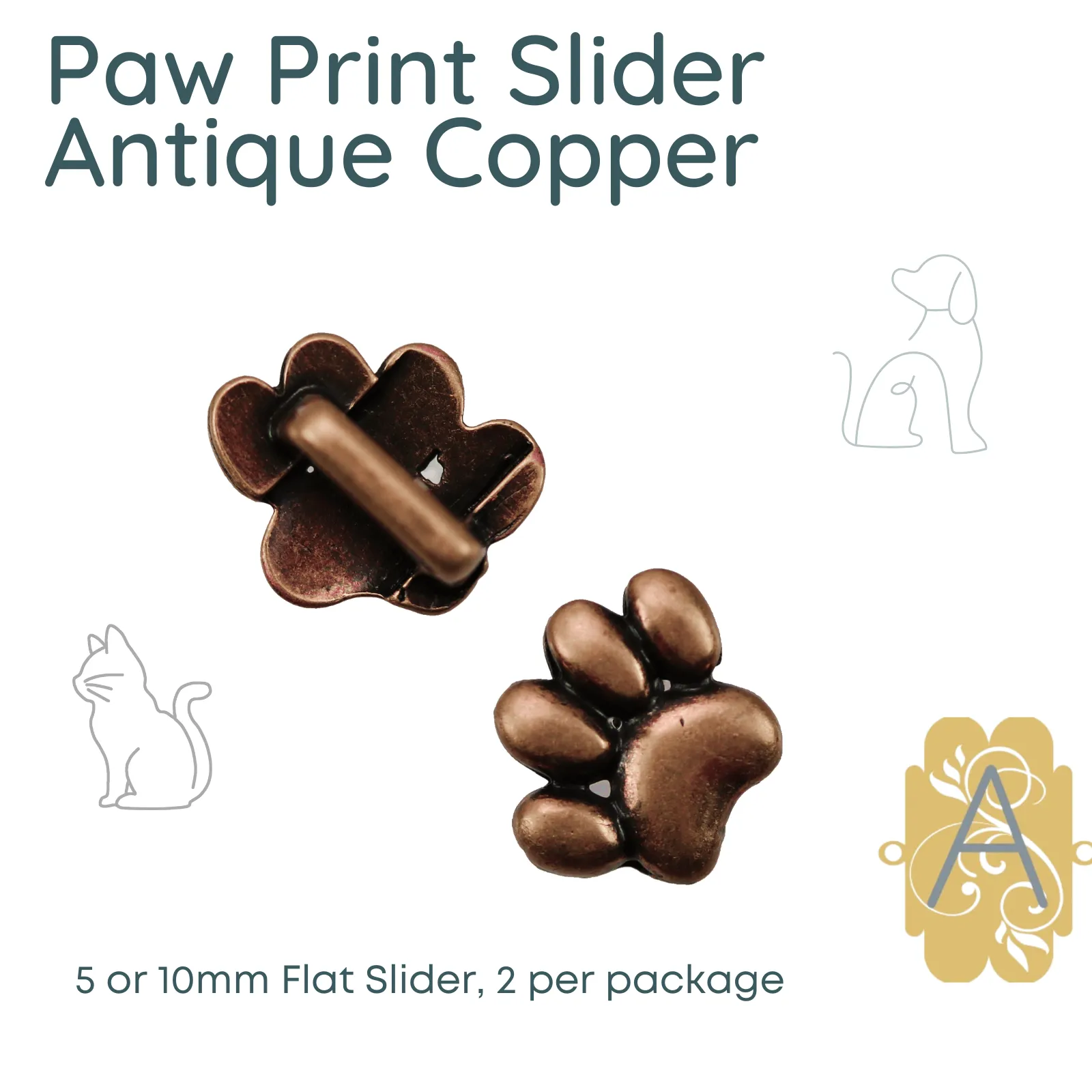 Paw Prints Flat Sliders for Leather or Cork, 5 or 10mm, in 4 Finishes - Image 6