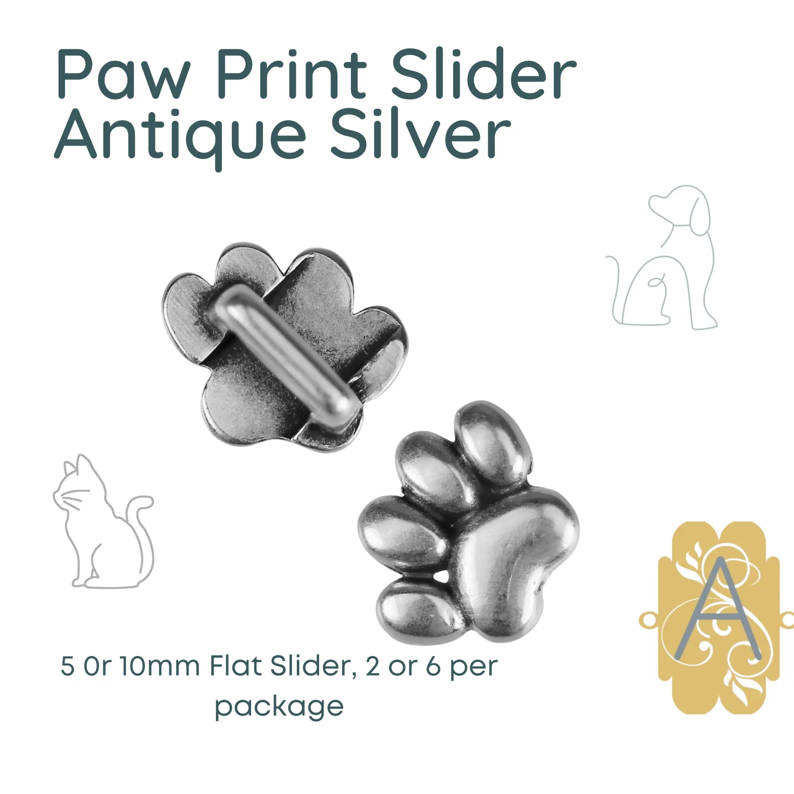Paw Prints Flat Sliders for Leather or Cork, 5 or 10mm, in 4 Finishes - Image 7