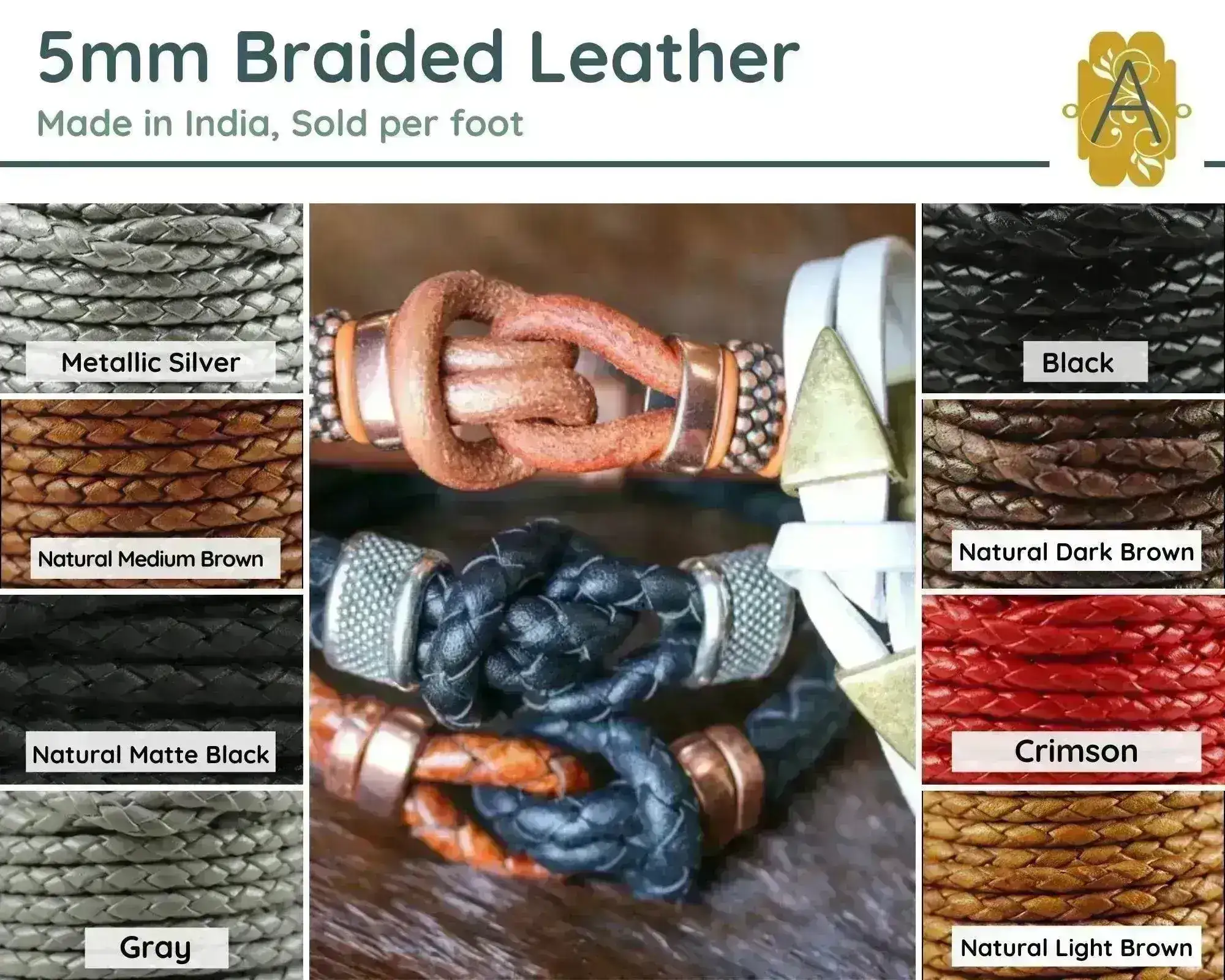 Superior Round Braided Leather, 5mm, Sold per foot, 11 Colors