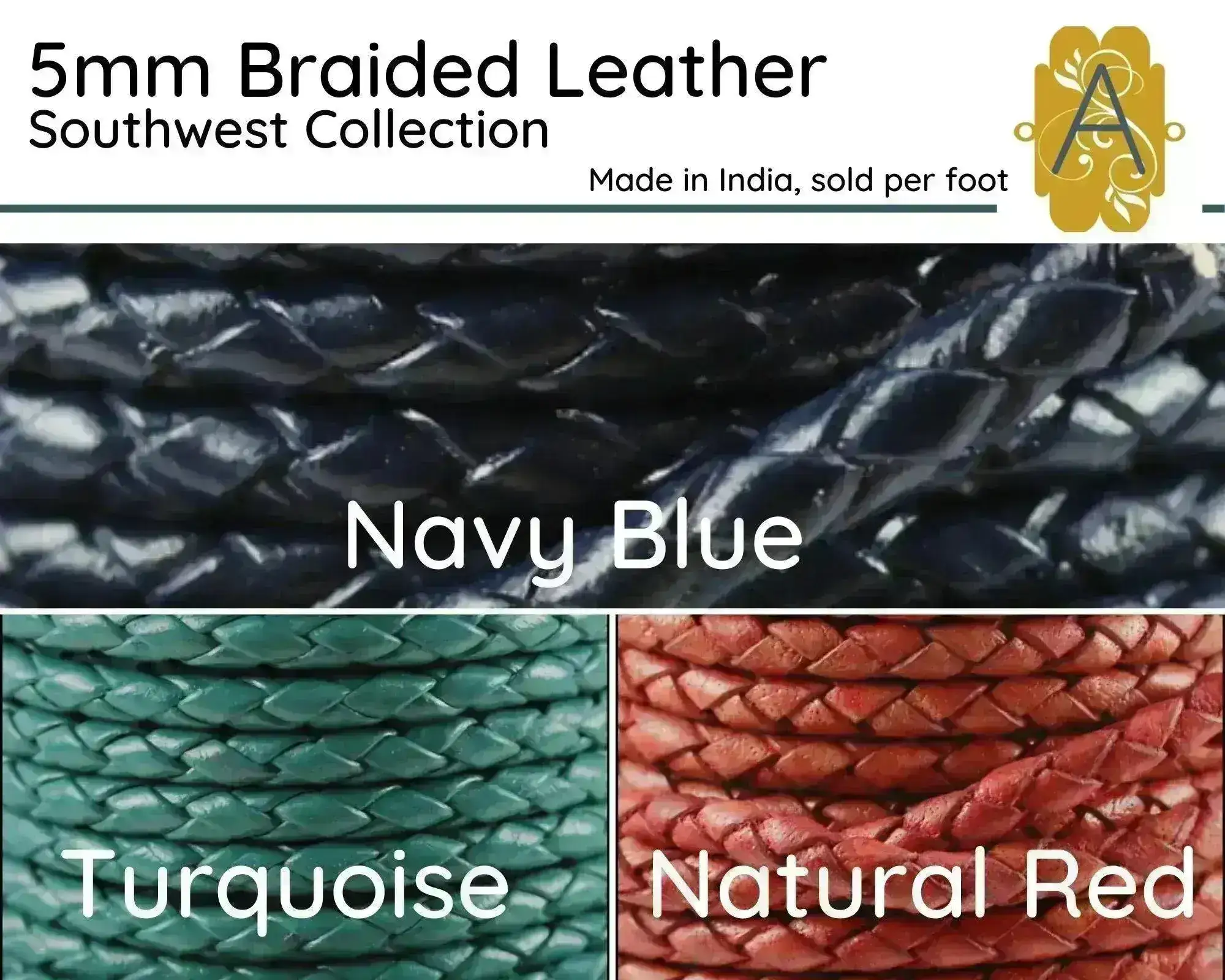 Superior Round Braided Leather, 5mm, Sold per foot, 11 Colors - Image 2