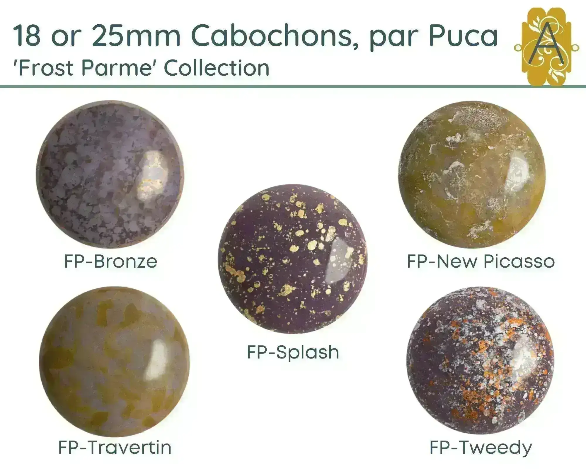Cabochons par Puca, 18mm or25mm, Frost Parme Collection