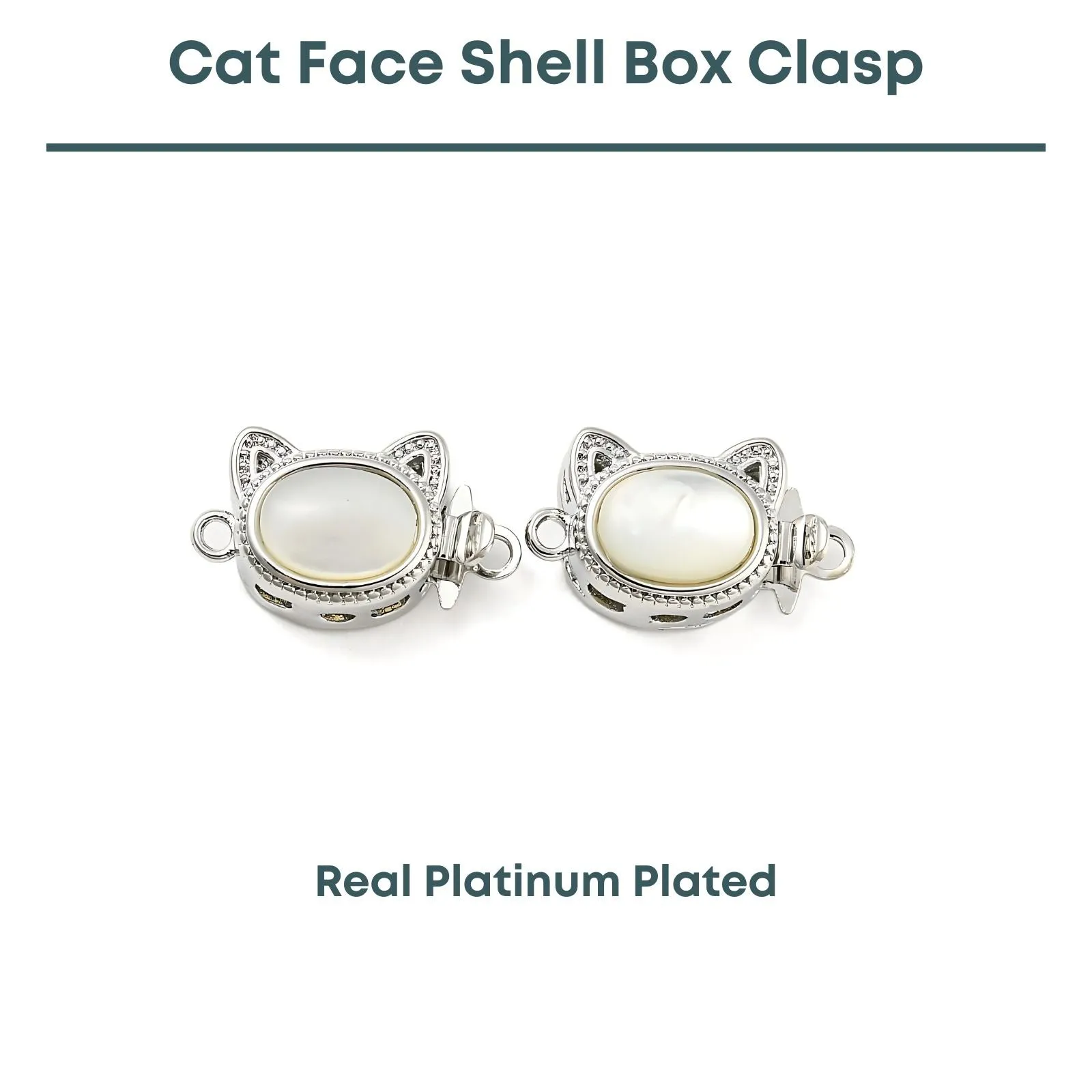 Cat Face Shell Box Clasp, Real Platinum Plate, 1 Piece