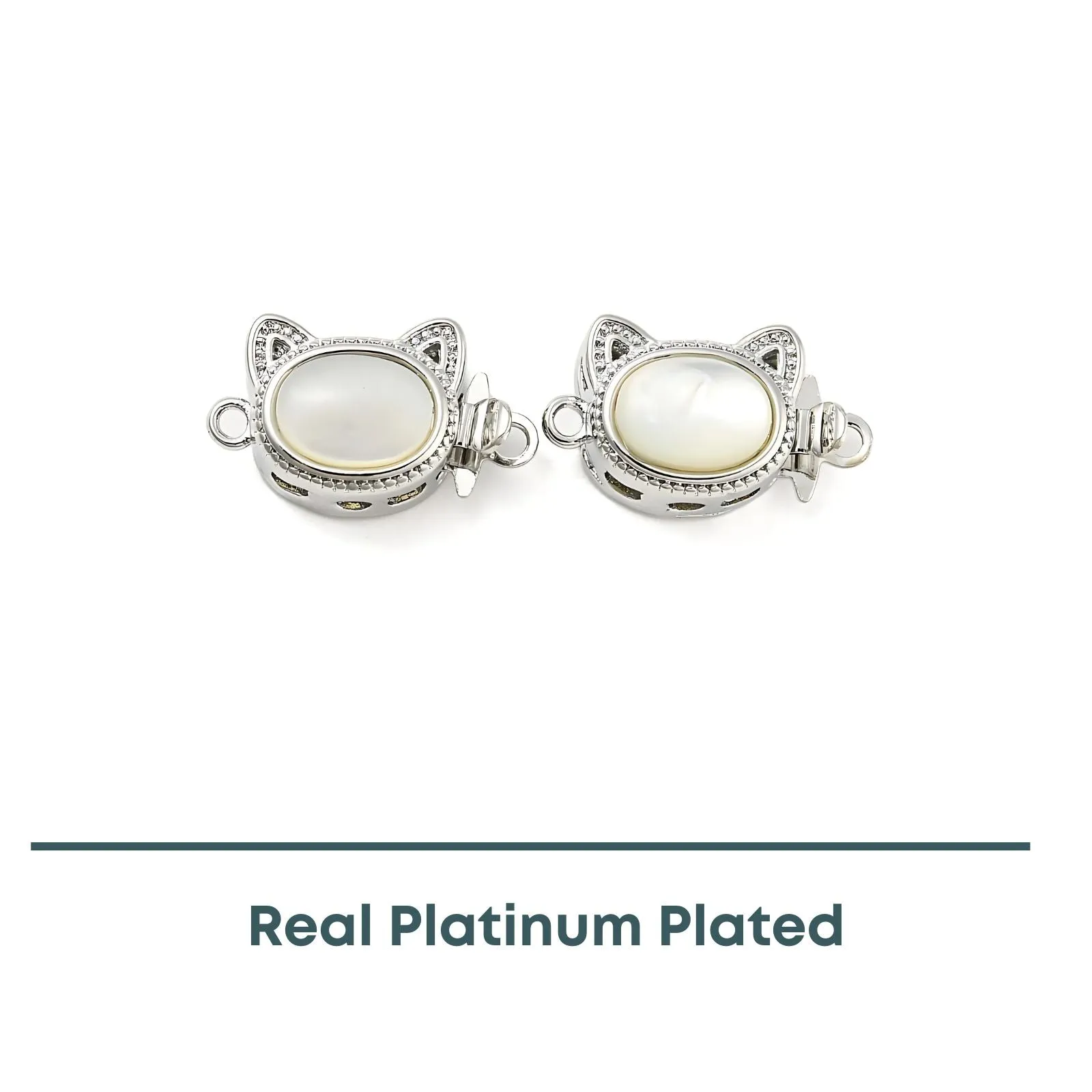 Cat Face Shell Box Clasp, Real Platinum Plate, 1 Piece - Image 2