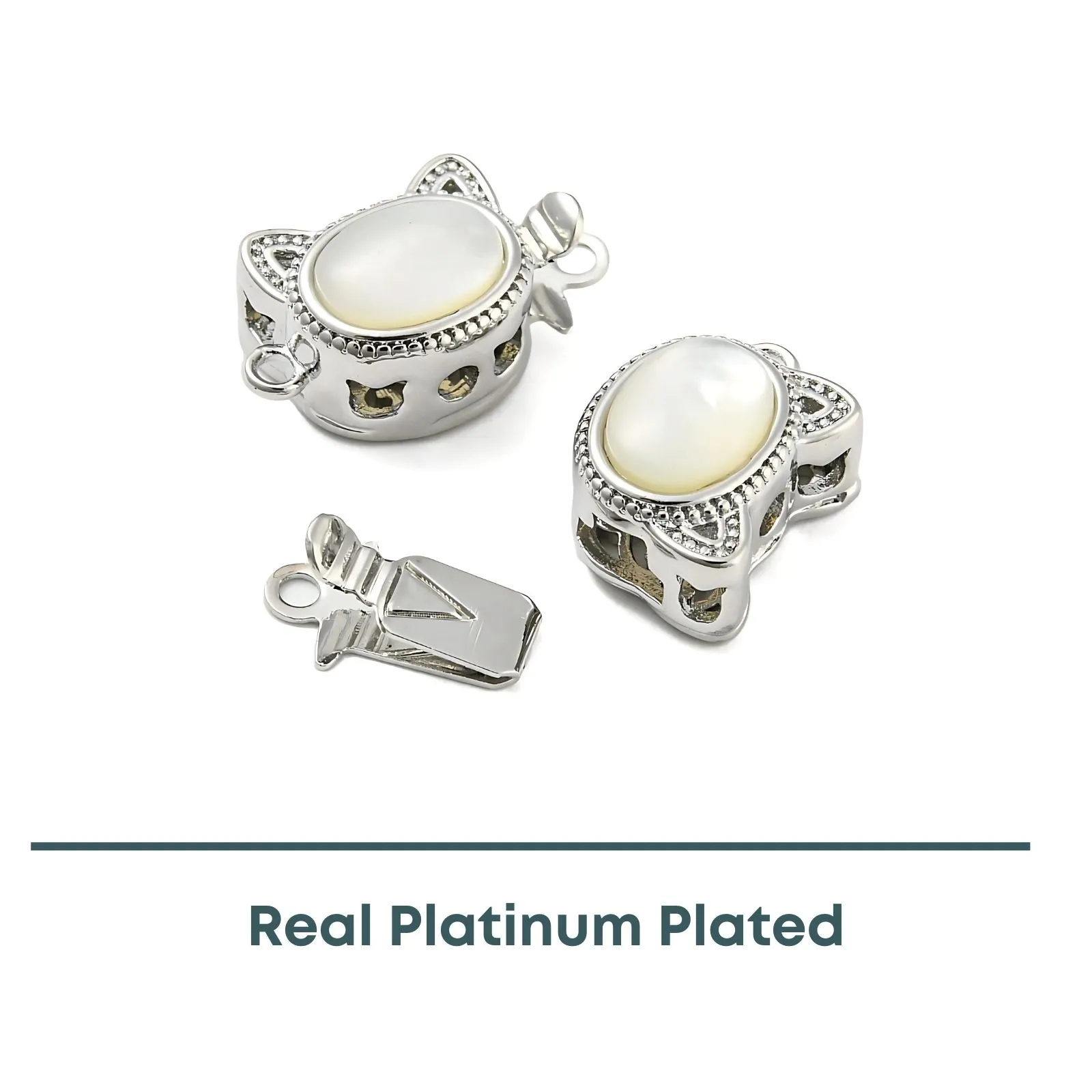 Cat Face Shell Box Clasp, Real Platinum Plate, 1 Piece - Image 3