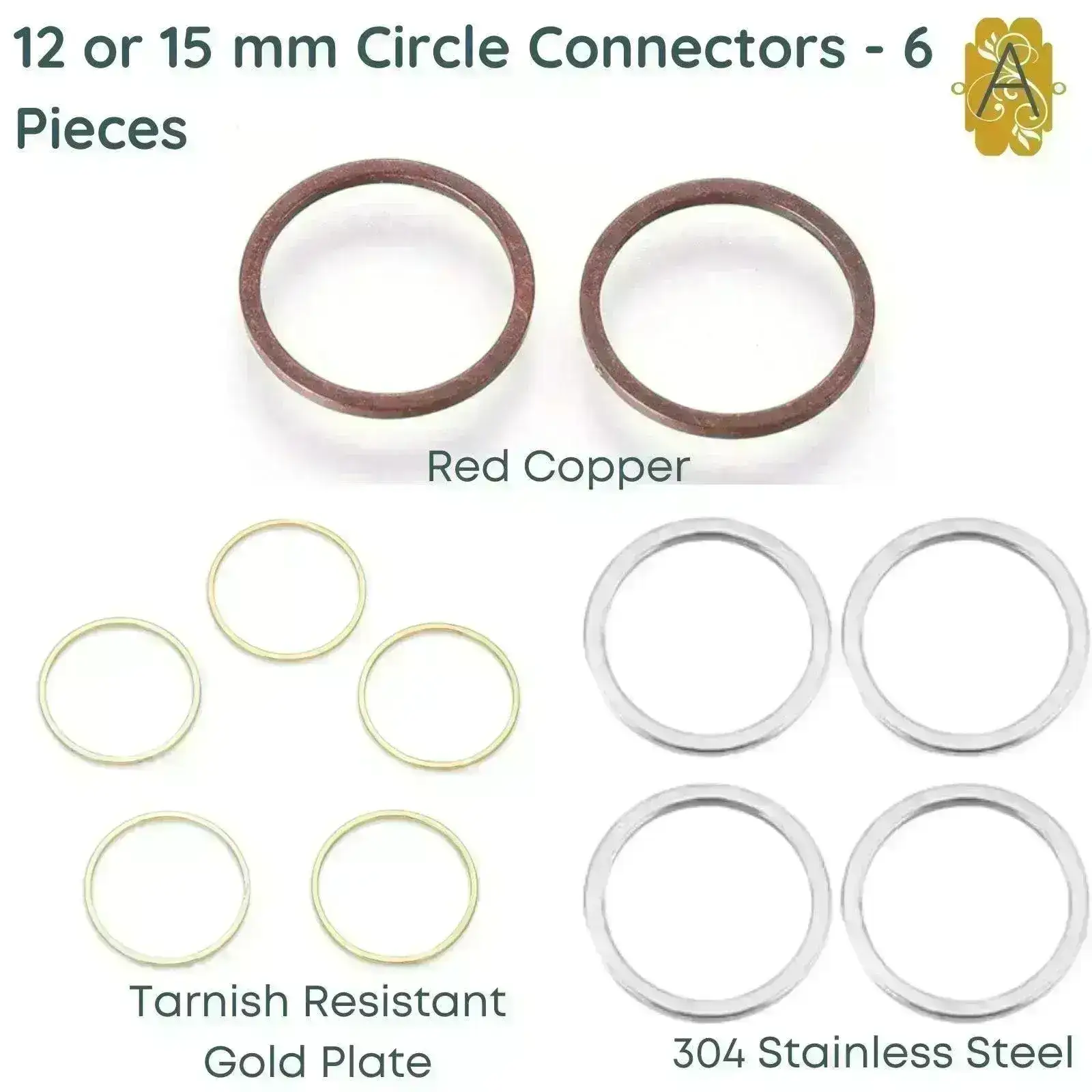 Circle Connectors, 12 or 15mm, 3 Finishes, 6 Pieces