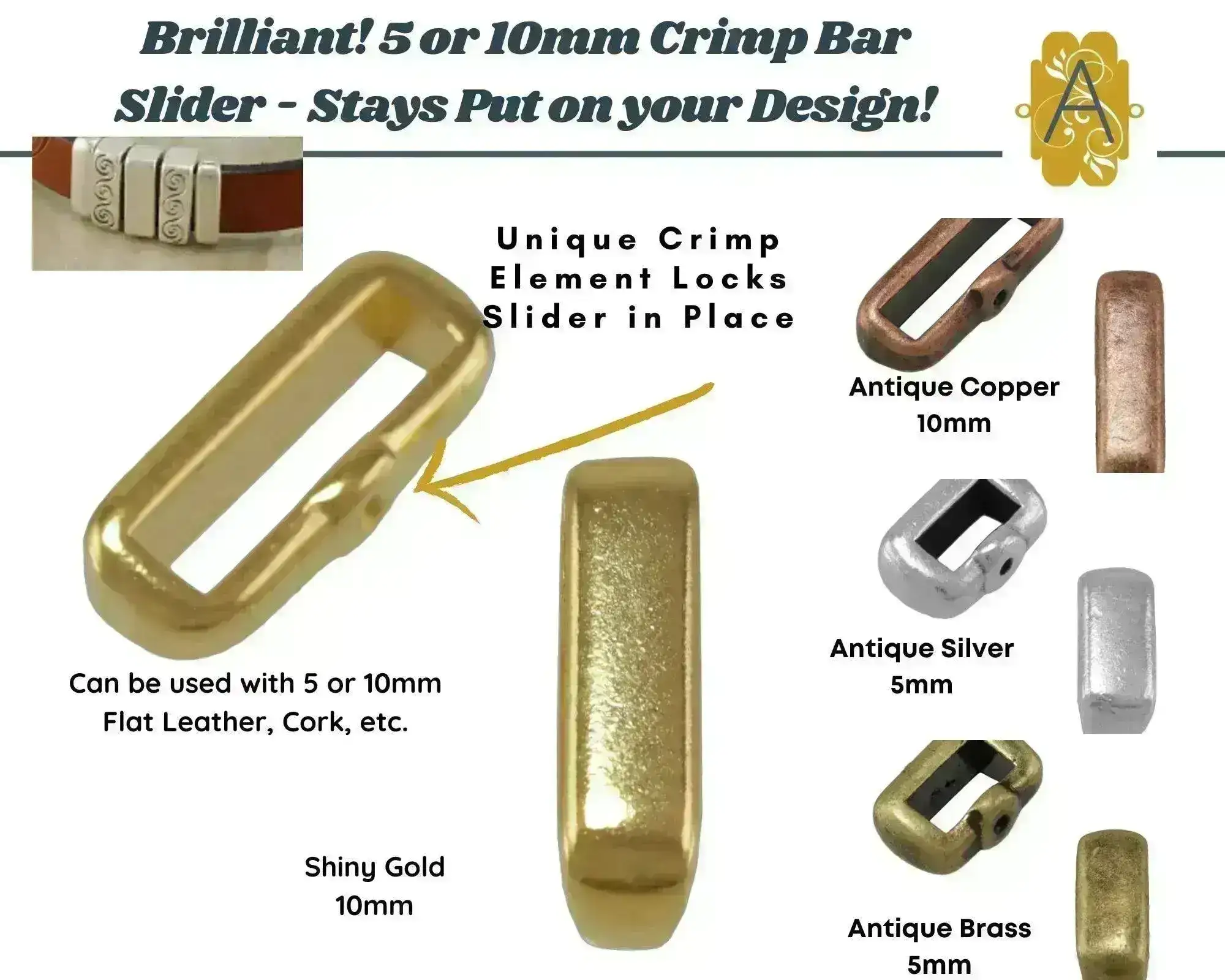 Crimp Bar Slider, for 10mm Flat Leather or Cork