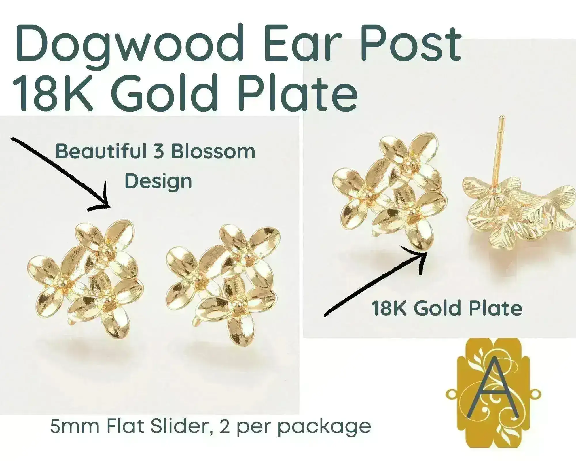 Dogwood, Earring Posts or Studs, 18K Gold Plate, 2 Pair