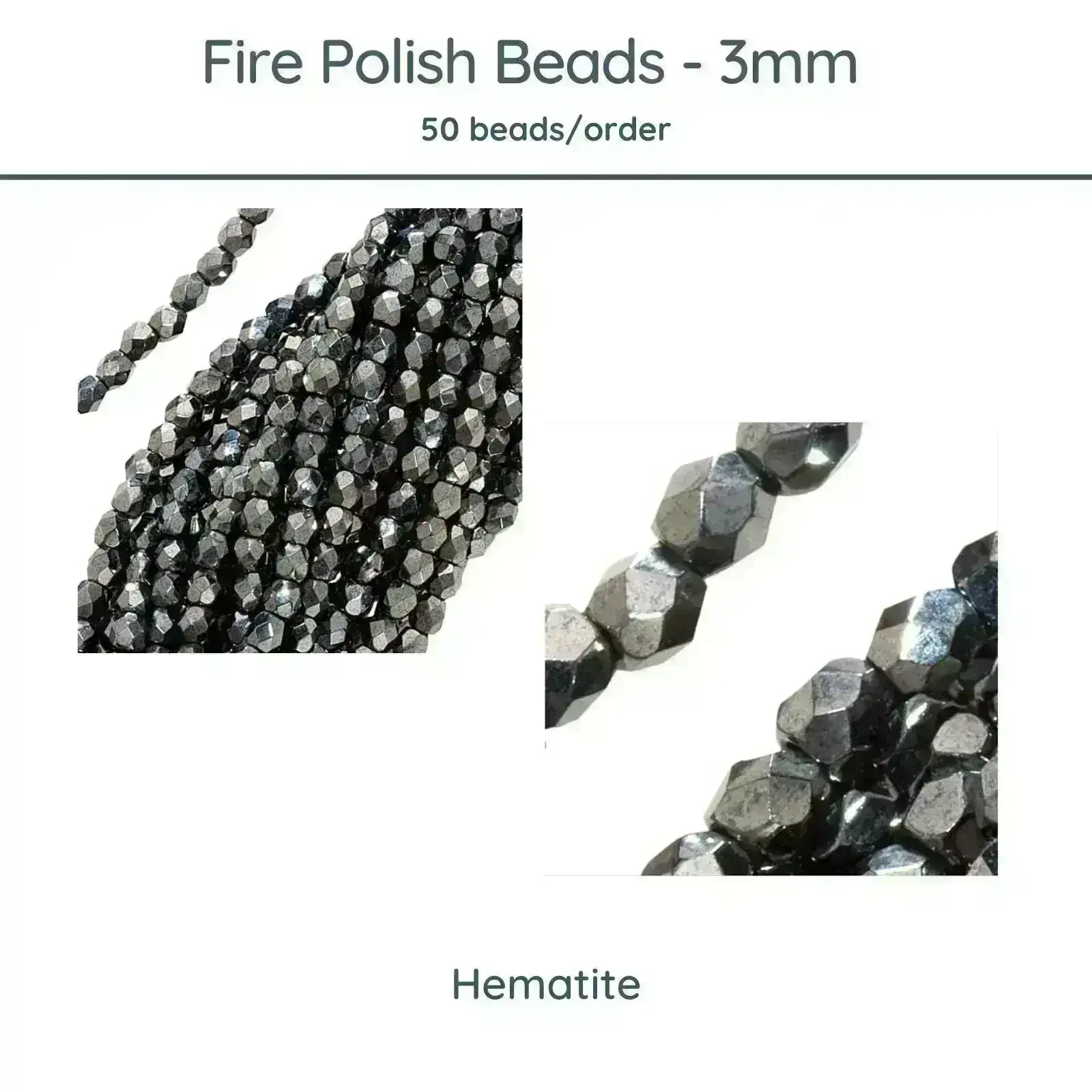 Fire Polish Beads, 3mm, Hematite, 50 pieces