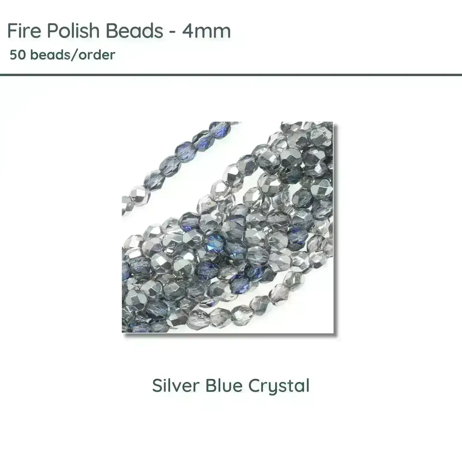Fire Polish Beads, 4mm, Silver Blue Crystal, 50 pieces