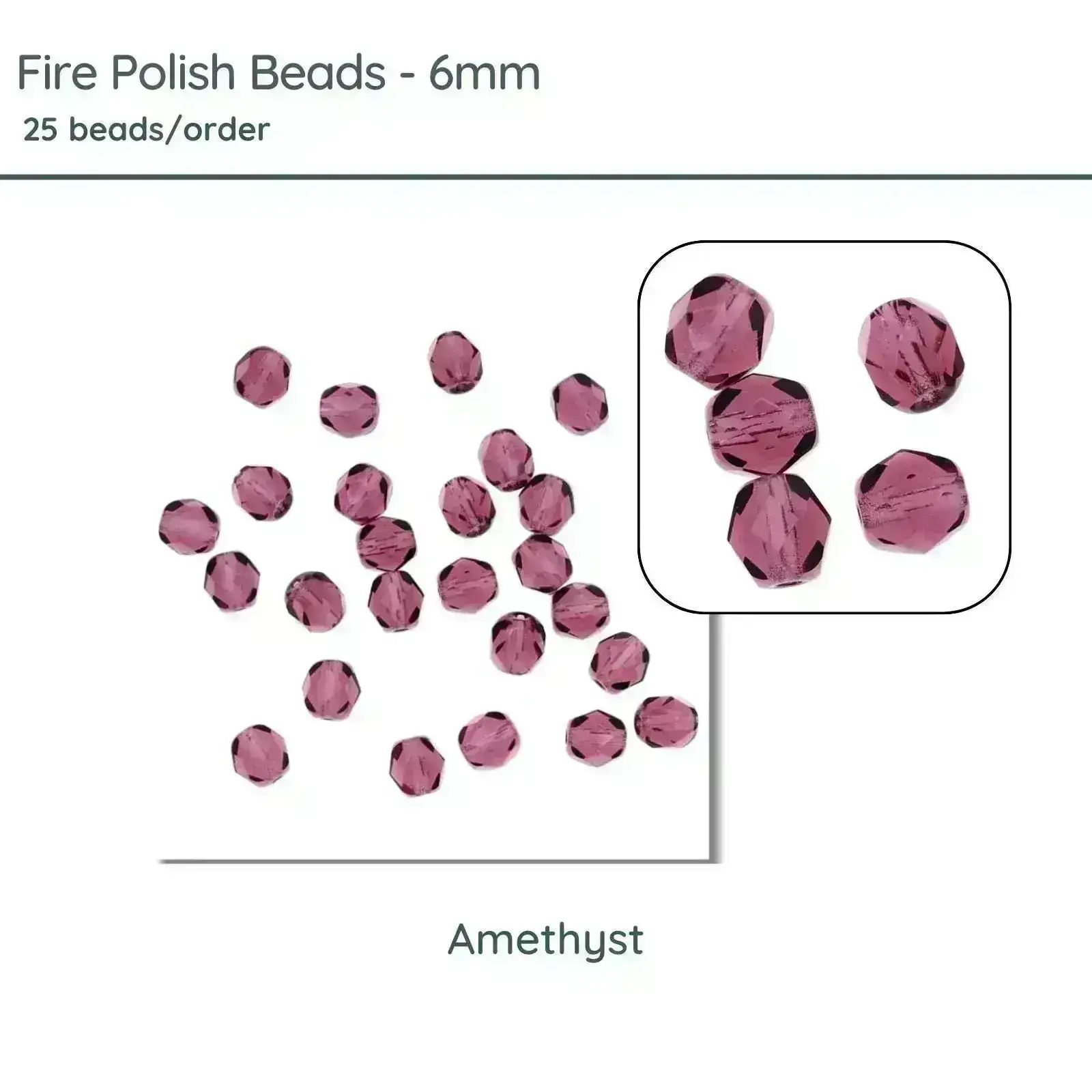 Fire Polish Beads, 6mm, Amethyst, 25 pieces