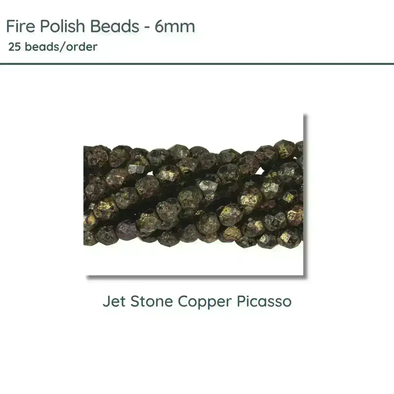 Fire Polish Beads, 6mm, Jet Stone Copper Picasso, 25 pieces