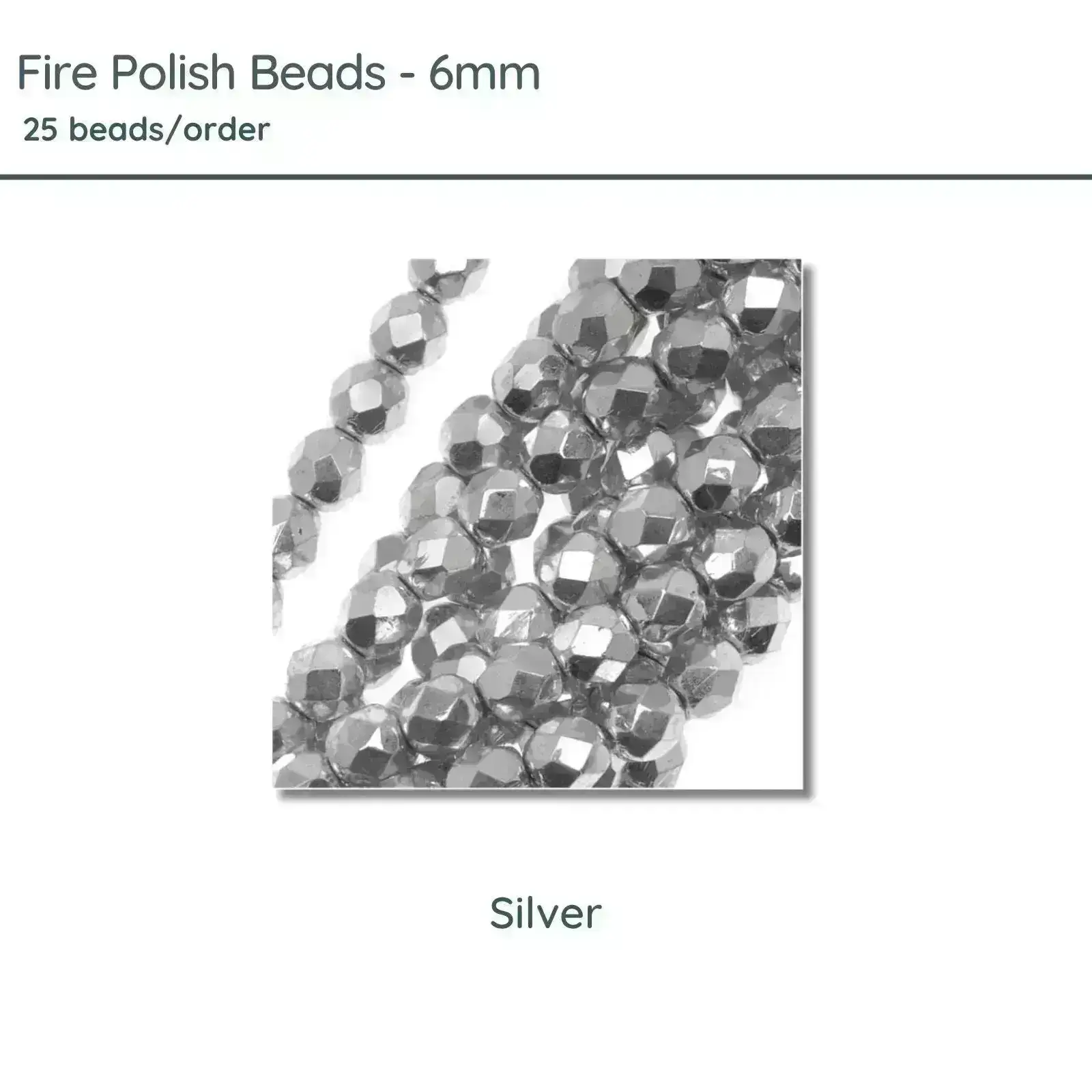 Fire Polish Beads, 6mm, Silver, 25 pieces