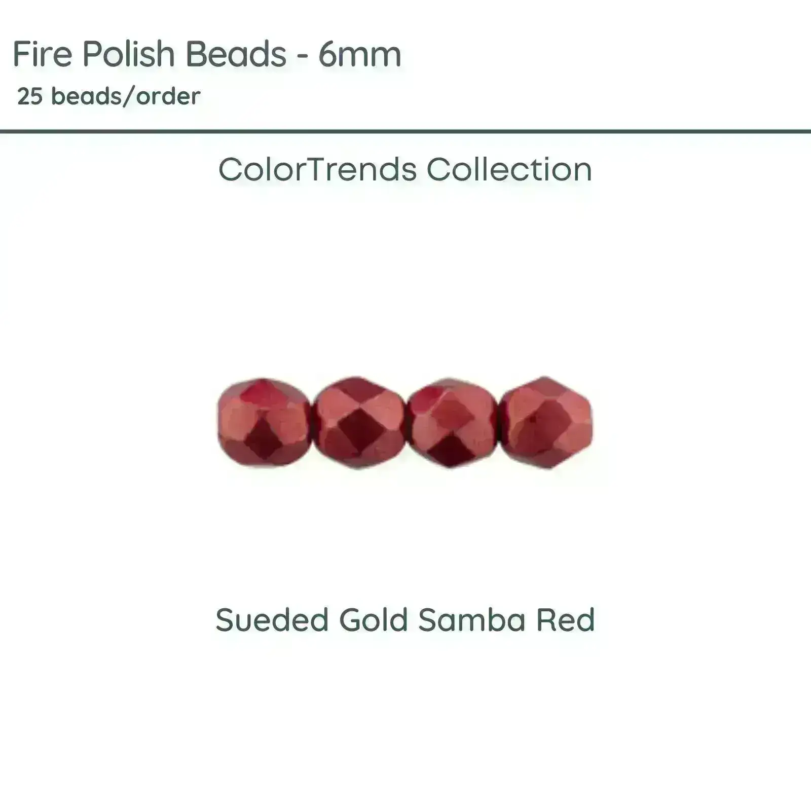 Fire Polish Beads, 6mm, Sueded Gold Samba Red, 25 pieces