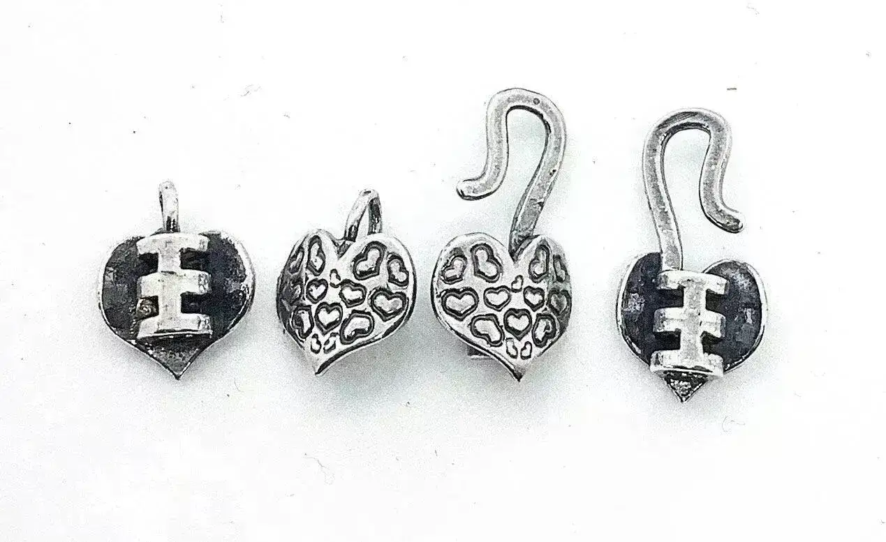 Hearty Heart Crimp Cord End Hook & Eye Clasps, Antique Silver
