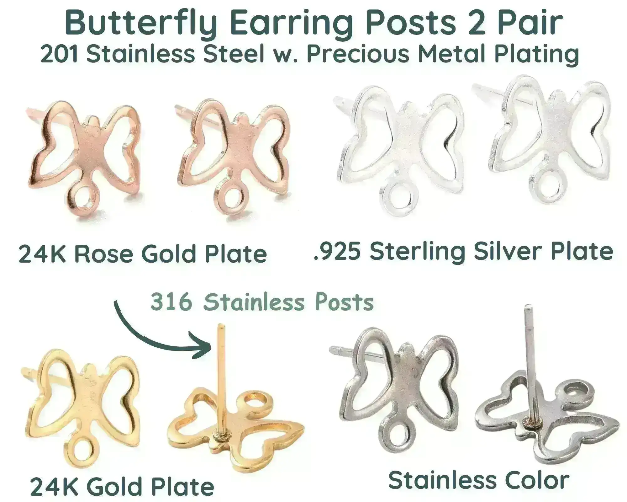 Butterfly Earring Posts, 2 Pair, Stainless Steel, Precious Metal Plating