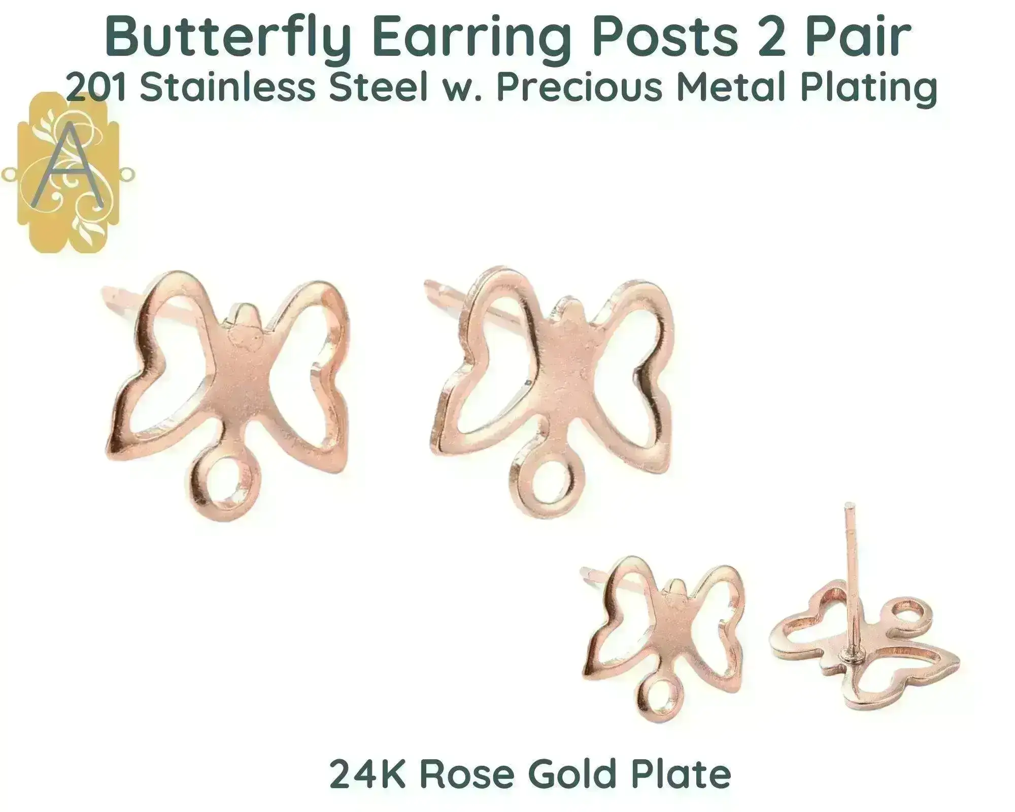 Butterfly Earring Posts, 2 Pair, Stainless Steel, Precious Metal Plating - Image 2