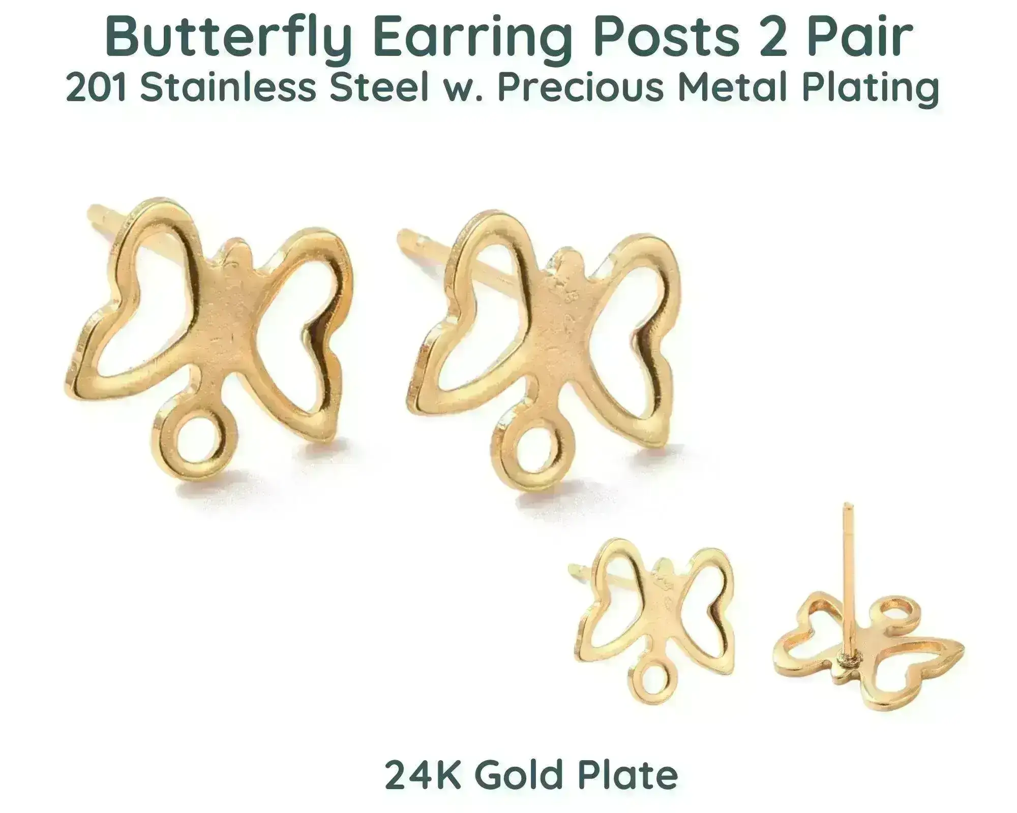 Butterfly Earring Posts, 2 Pair, Stainless Steel, Precious Metal Plating - Image 3