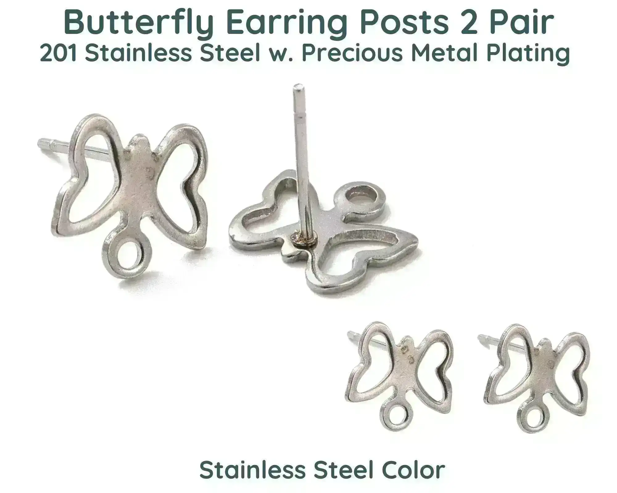 Butterfly Earring Posts, 2 Pair, Stainless Steel, Precious Metal Plating - Image 5