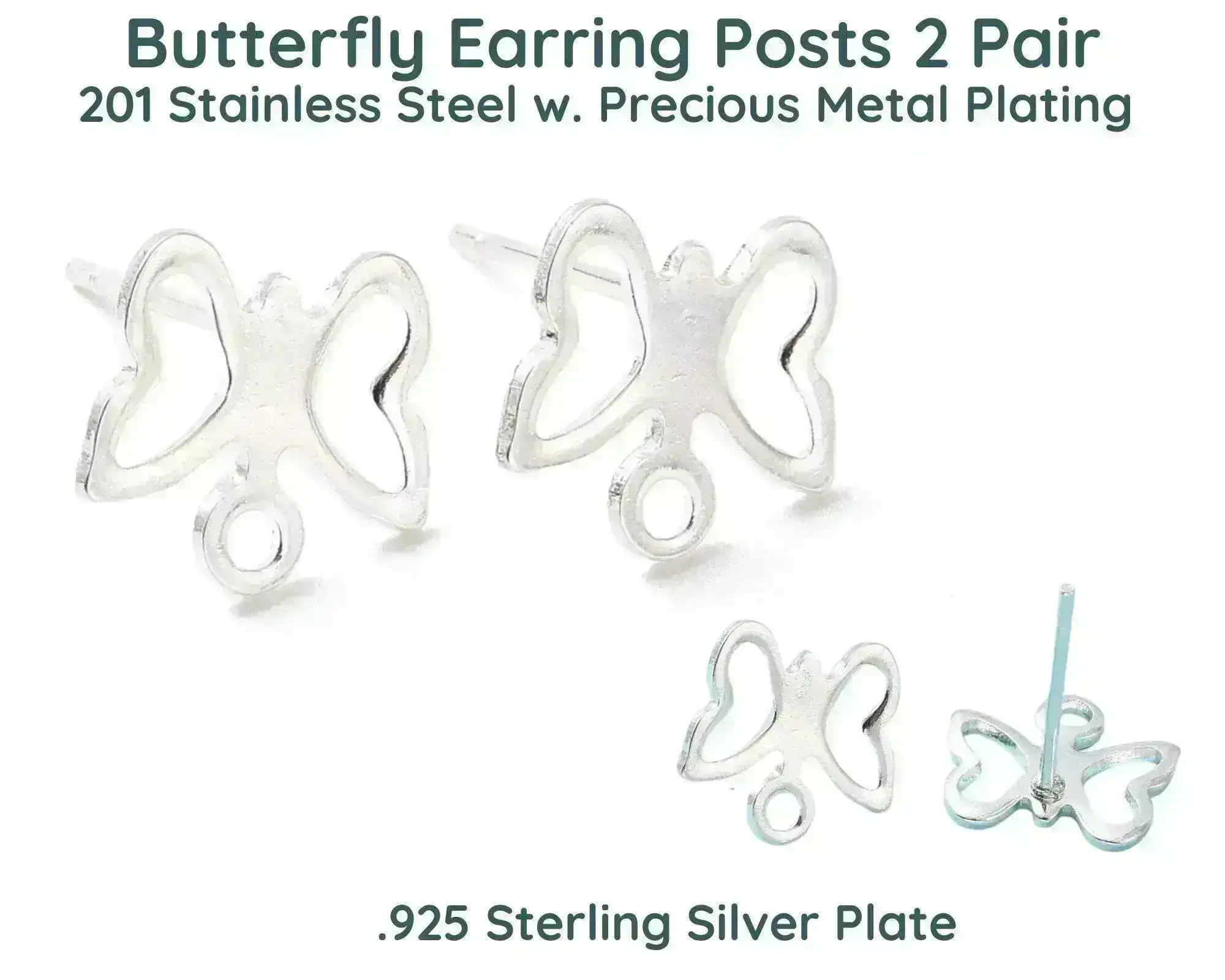Butterfly Earring Posts, 2 Pair, Stainless Steel, Precious Metal Plating - Image 6