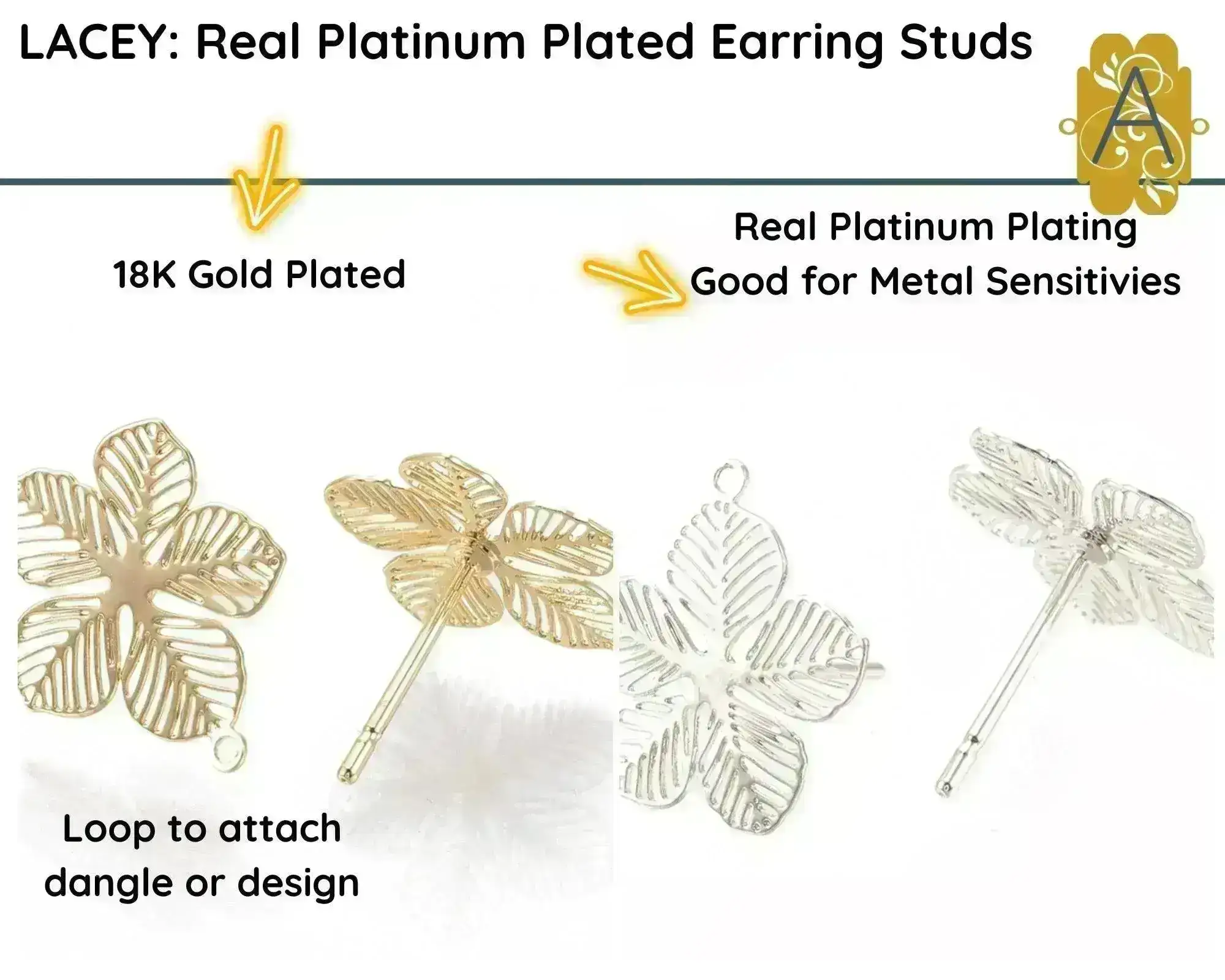 Lacey, Earring Posts or Studs, 18K Gold or Real Platinum Plated