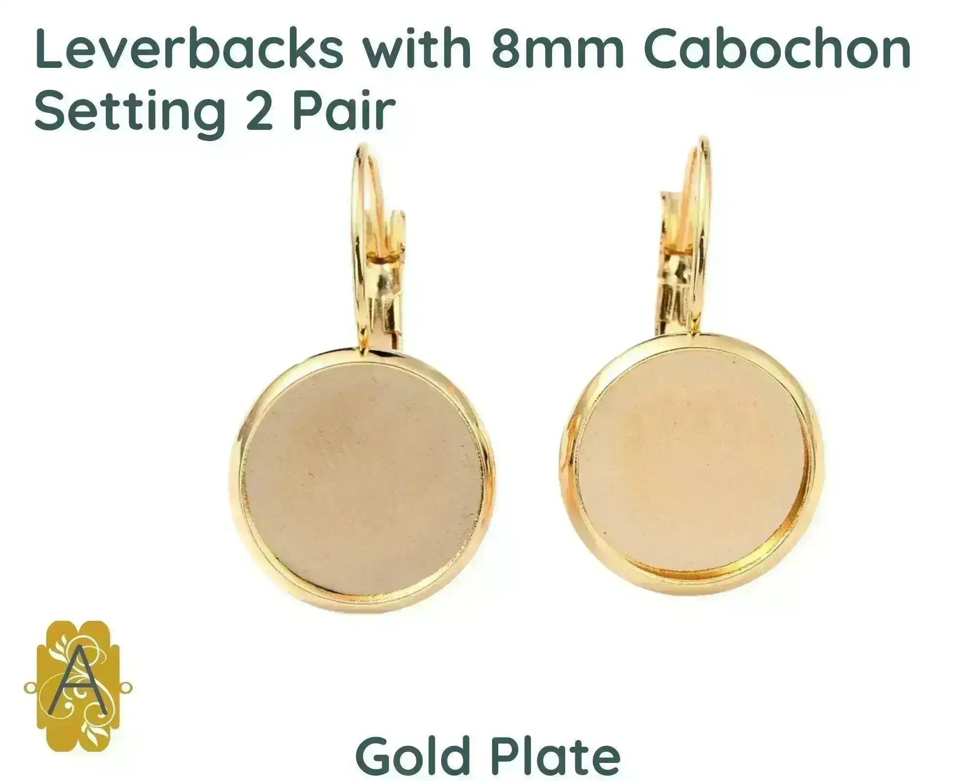 Leverback Earrings with 8mm Cabochon Setting, 3 Finishes - Image 3