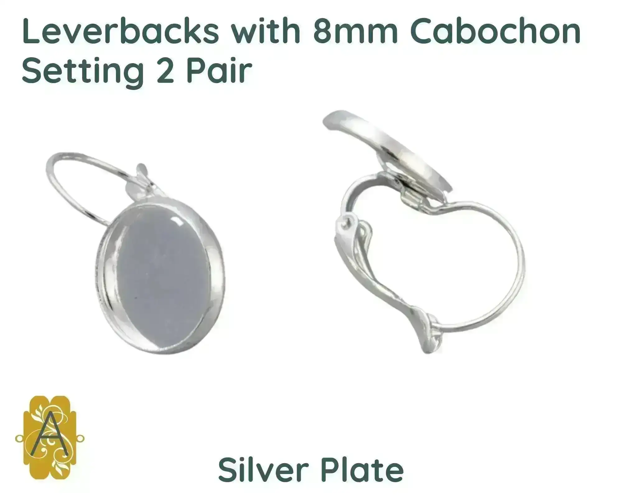 Leverback Earrings with 8mm Cabochon Setting, 3 Finishes - Image 4