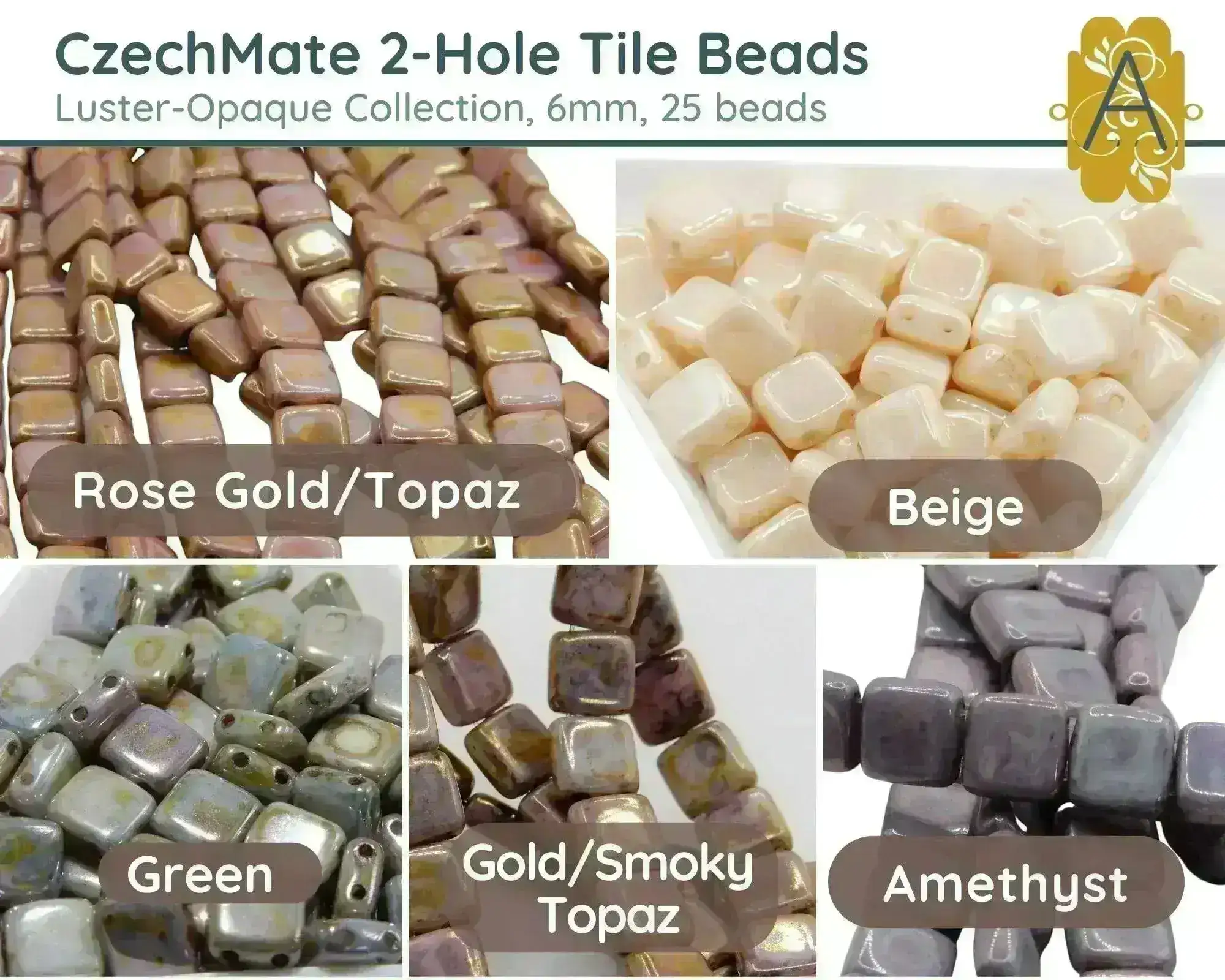 CzechMate 2-Hole Tile Beads, 6mm, Luster Opaque Collection, 5 Gorgeous Colors, 25 Beads
