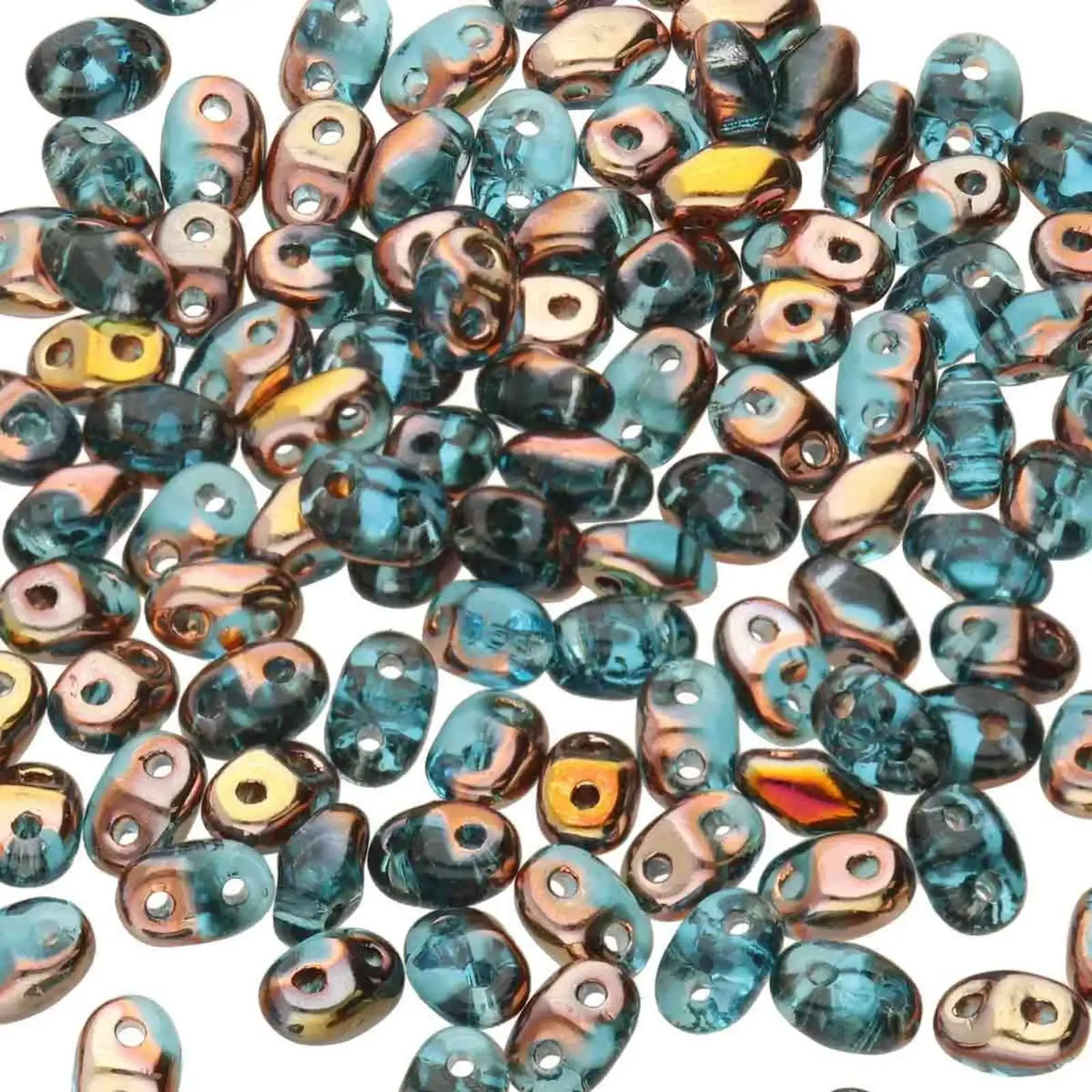 Miniduo Beads, Aquamarine Capri Gold, 10g.