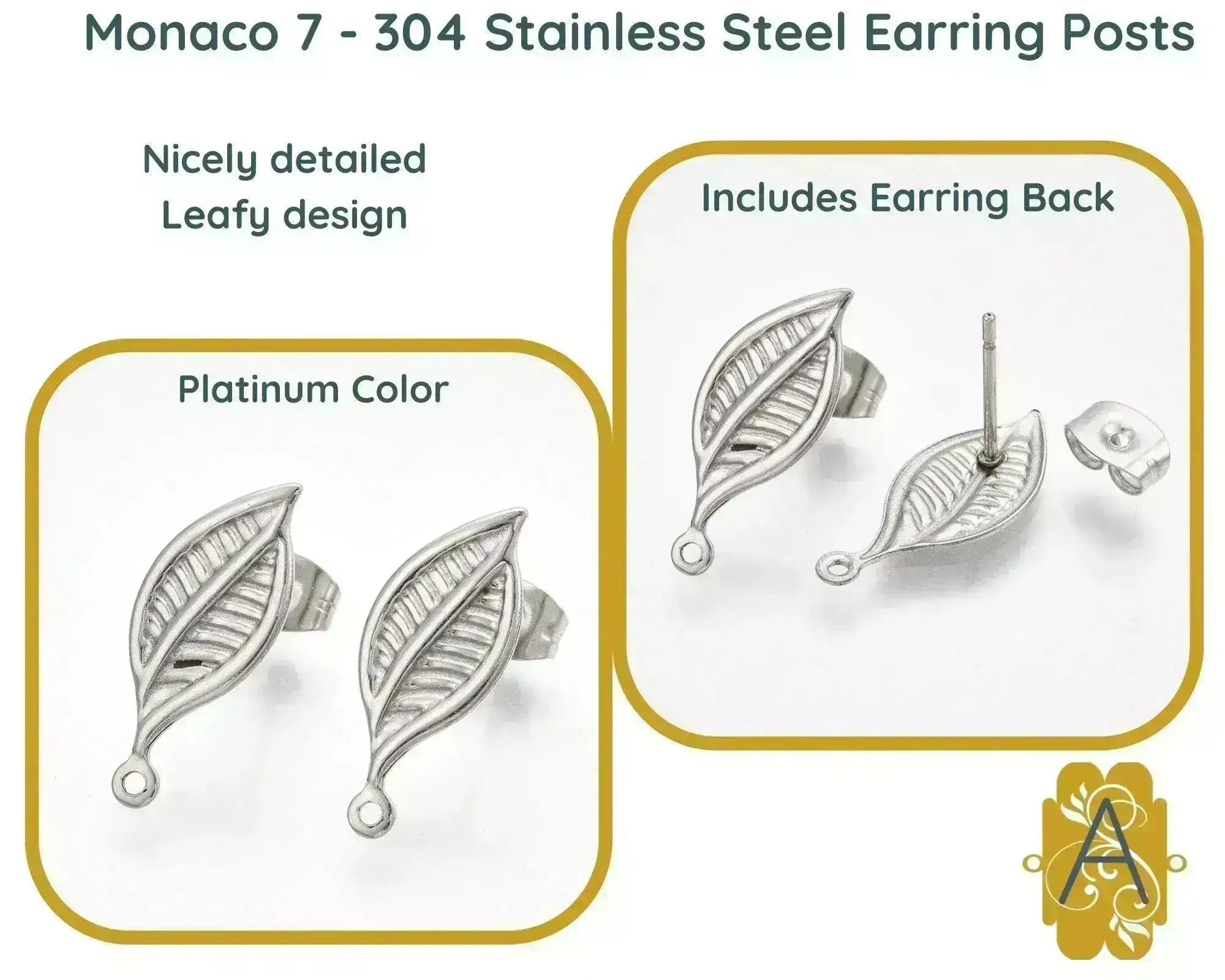 Monaco 7, 304 Stainless Steel, Fancy Earring Studs, with Loop and Ear Nut, 4 Pcs.