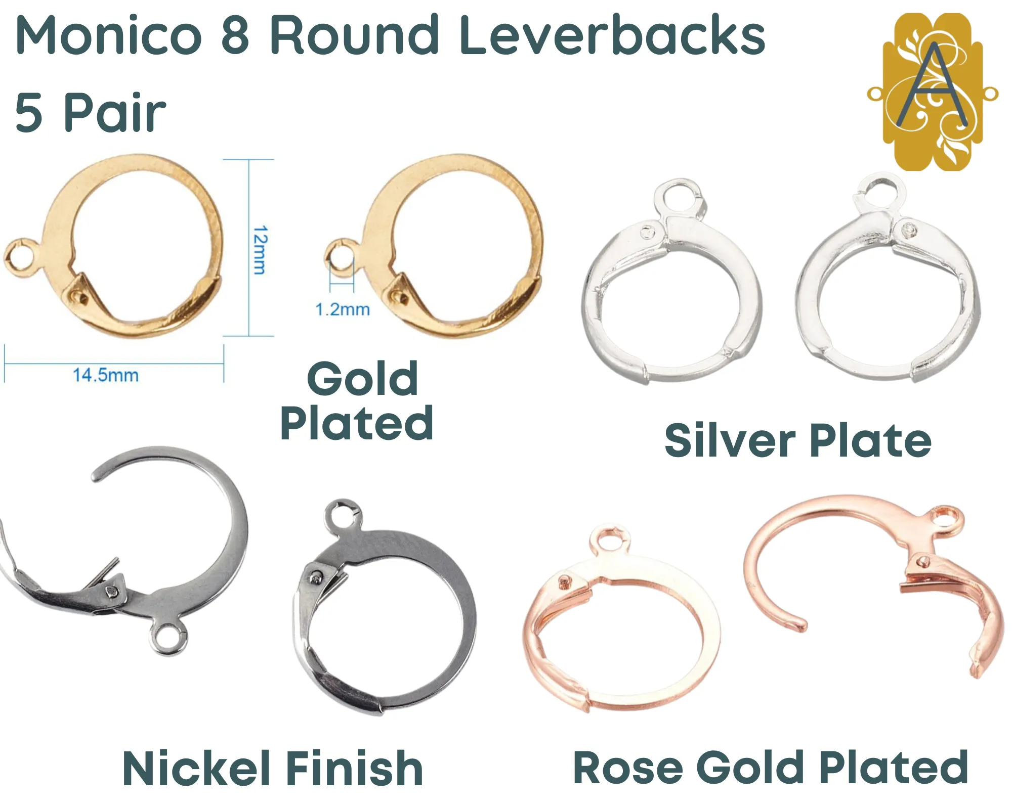 Monaco 8, Round Leverbacks, 304 Stainless Steel, 5 Pair, 3 Finishes,