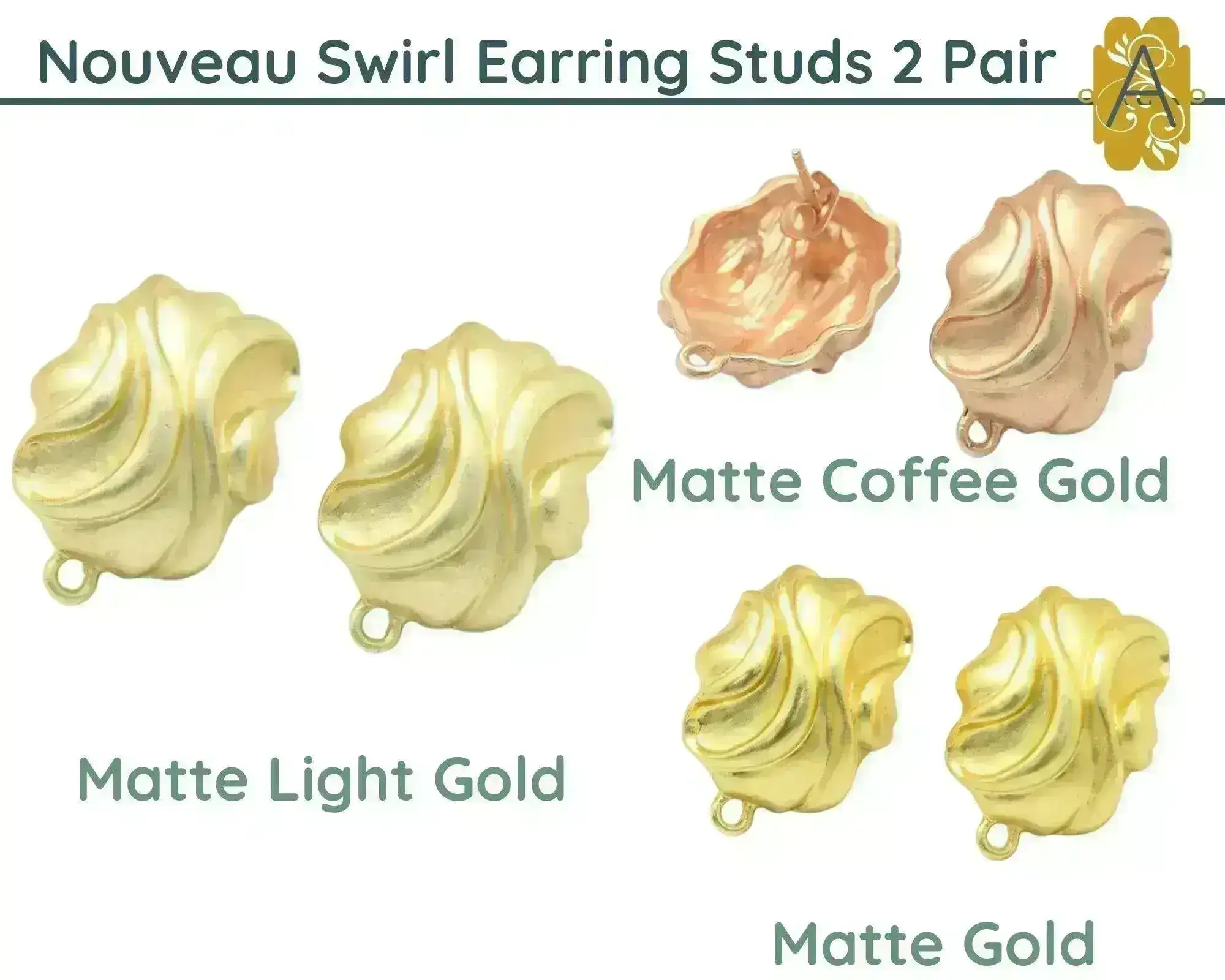 Nouveau Swirl, 1950's Style Earring Studs or Posts in 3 Finishes