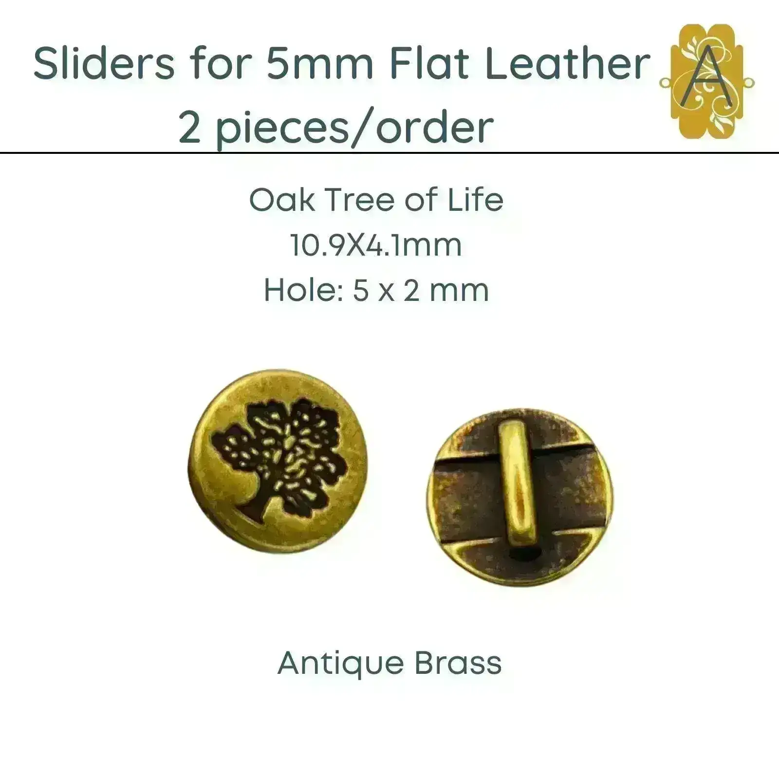 Oak Tree of Life, Sliders for 5mm Flat Leather, 2 Finishes - Image 2