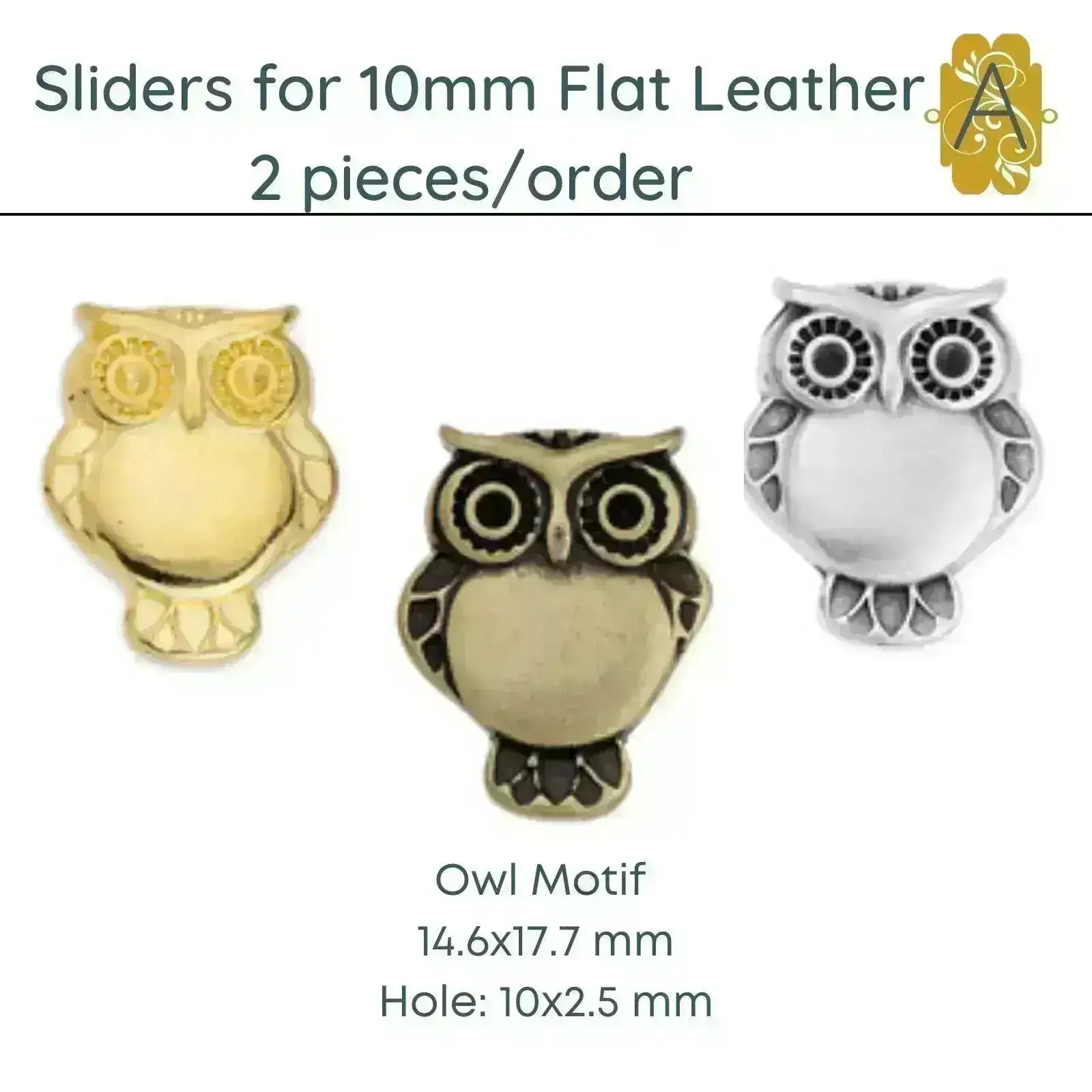 Owl Sliders for 10mm Flat Leather, 3 Finishes