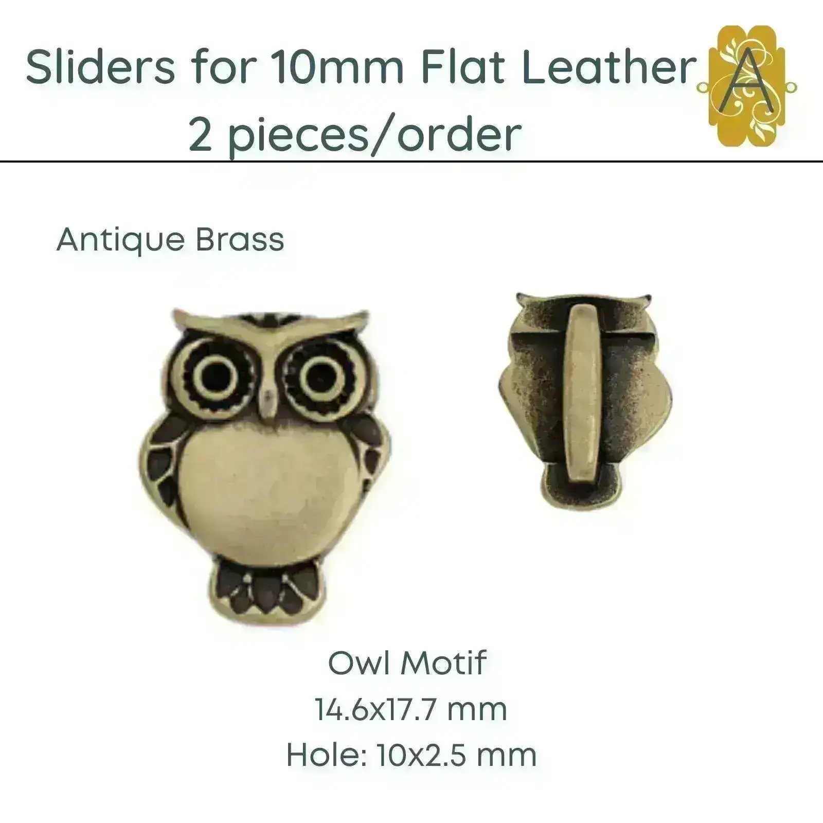 Owl Sliders for 10mm Flat Leather, 3 Finishes - Image 2