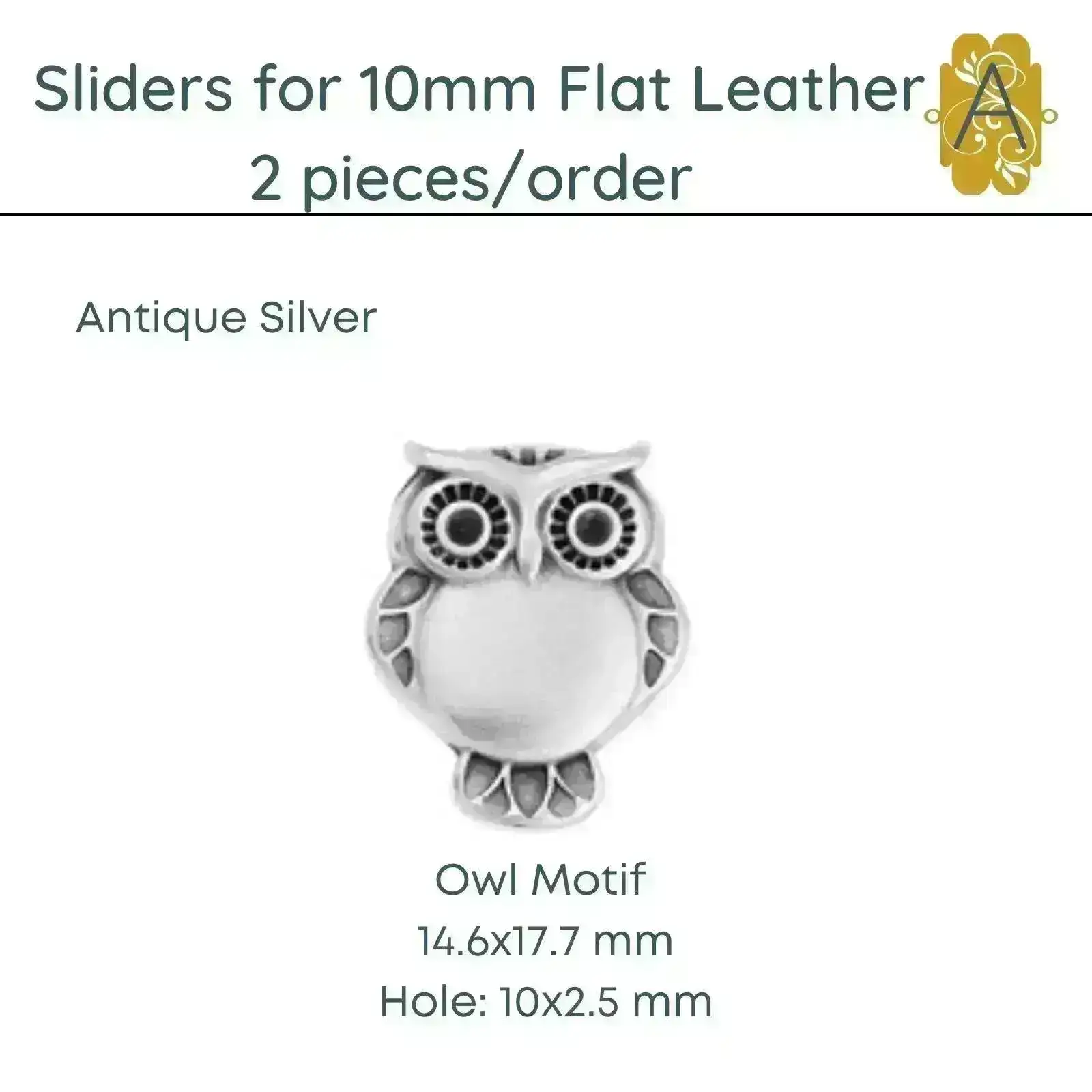 Owl Sliders for 10mm Flat Leather, 3 Finishes - Image 3
