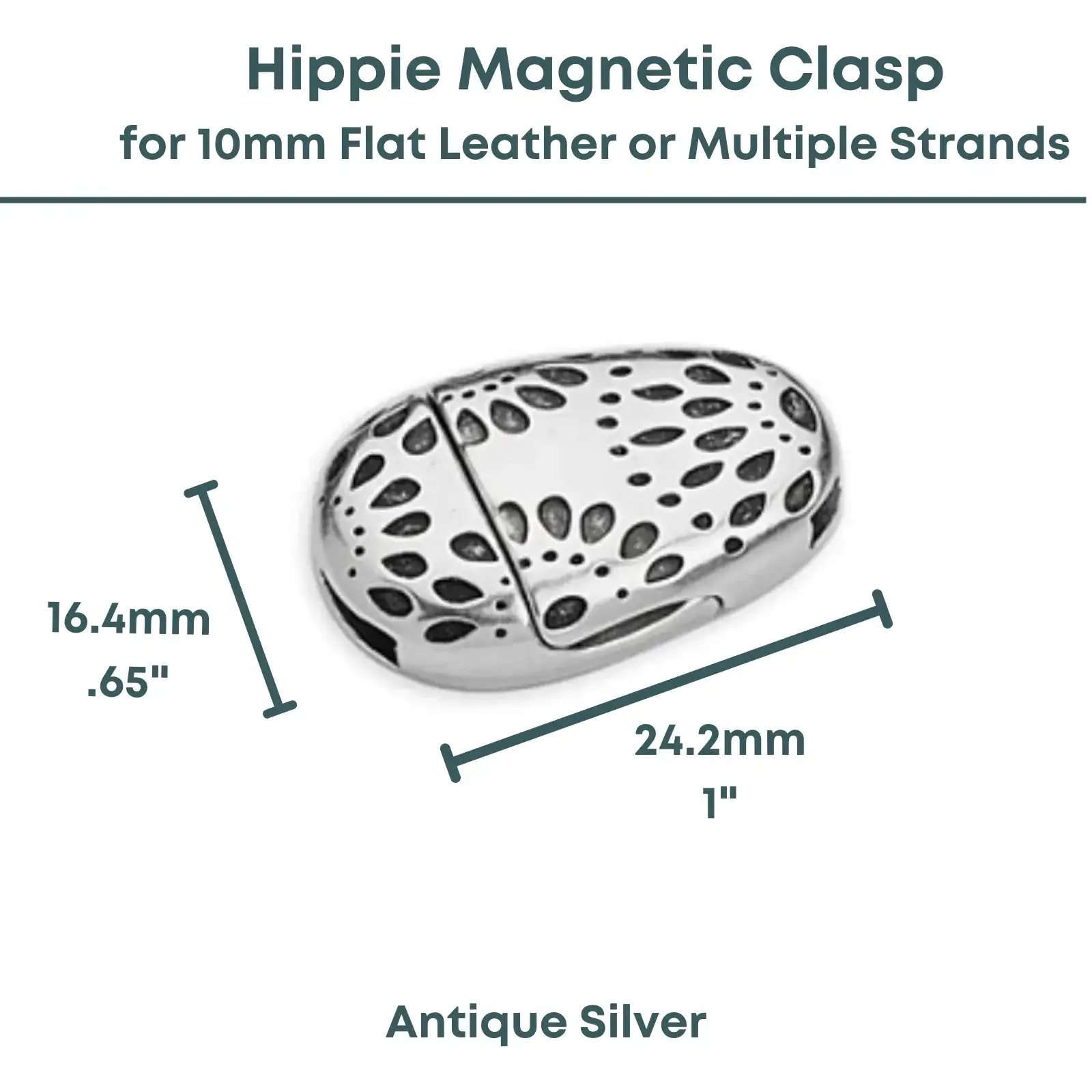 Hippie Oval Magnetic Clasp, for 10mm Flat Leather, Antique Gold & Antique Silver - Image 2