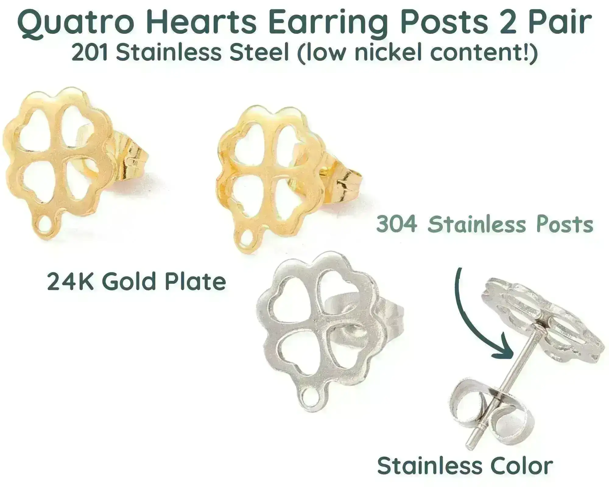 Quatro Hearts, Fancy Earring Posts, 24K Gold Plate or Stainless Steel