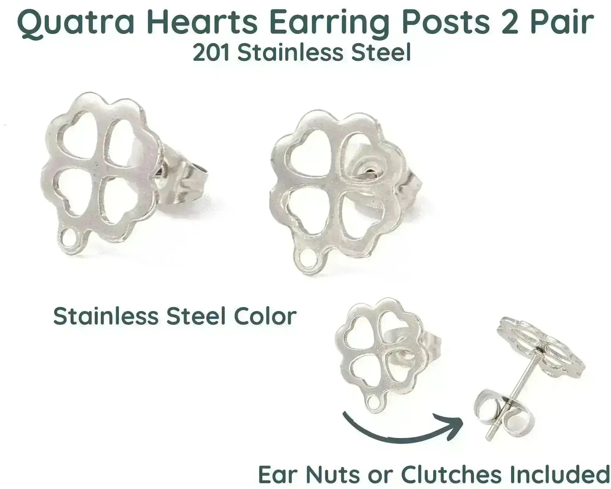 Quatro Hearts, Fancy Earring Posts, 24K Gold Plate or Stainless Steel - Image 2