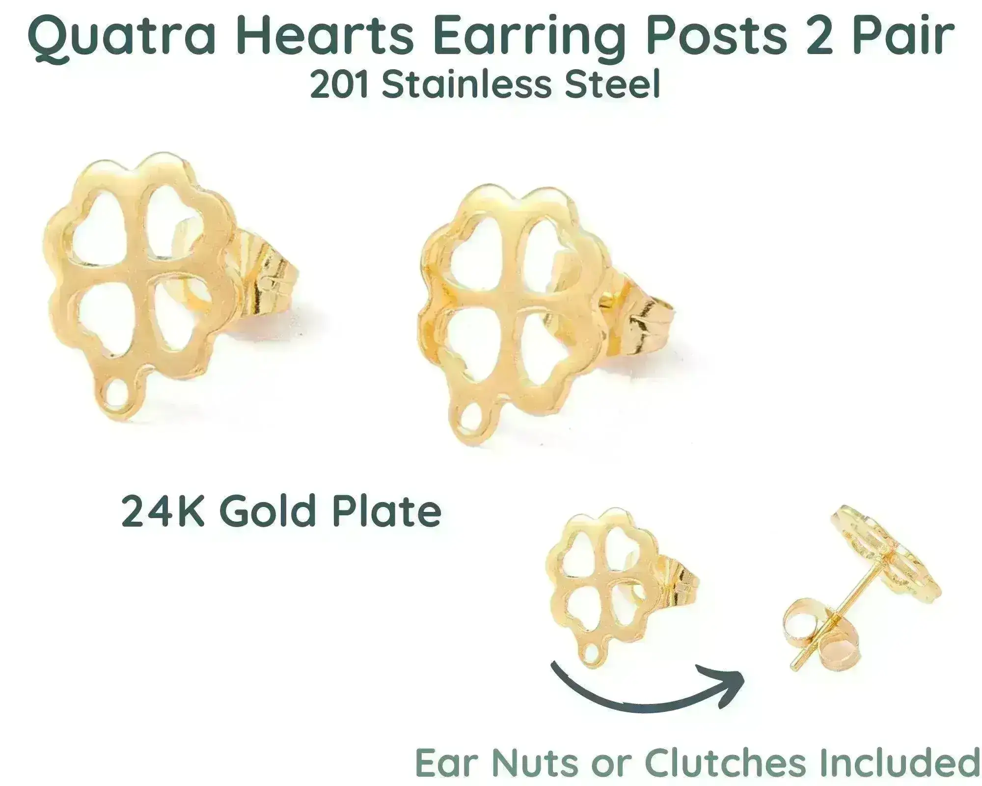 Quatro Hearts, Fancy Earring Posts, 24K Gold Plate or Stainless Steel - Image 3
