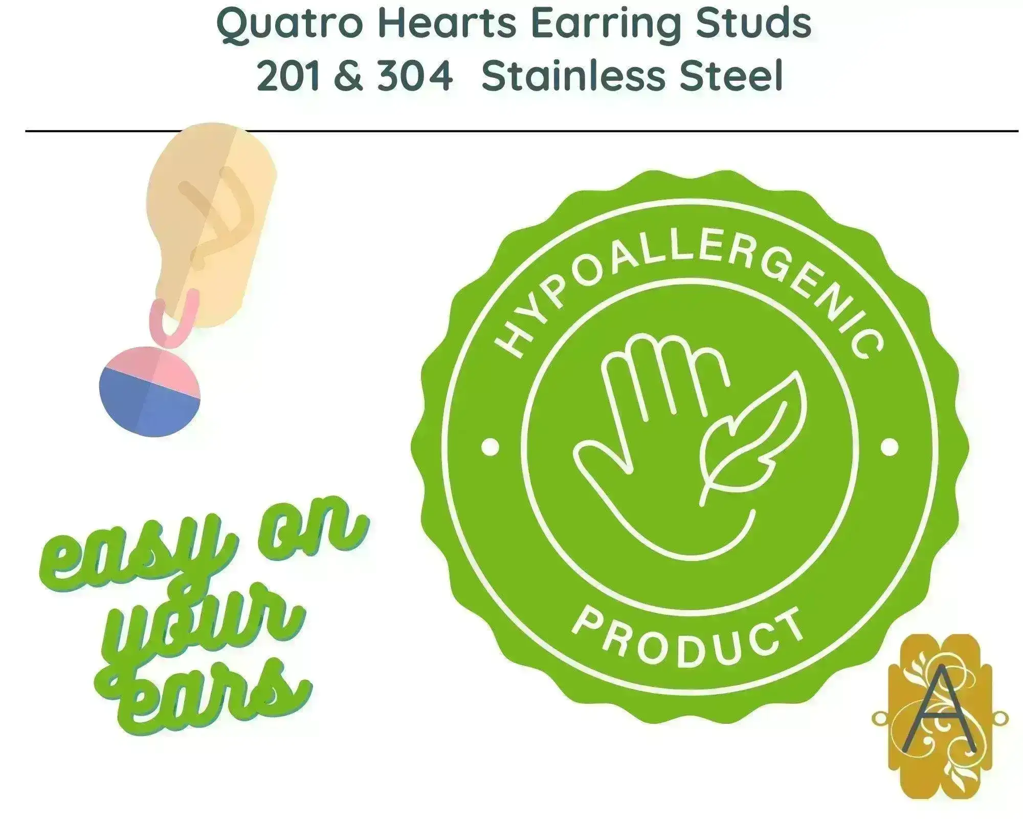 Quatro Hearts, Fancy Earring Posts, 24K Gold Plate or Stainless Steel - Image 4