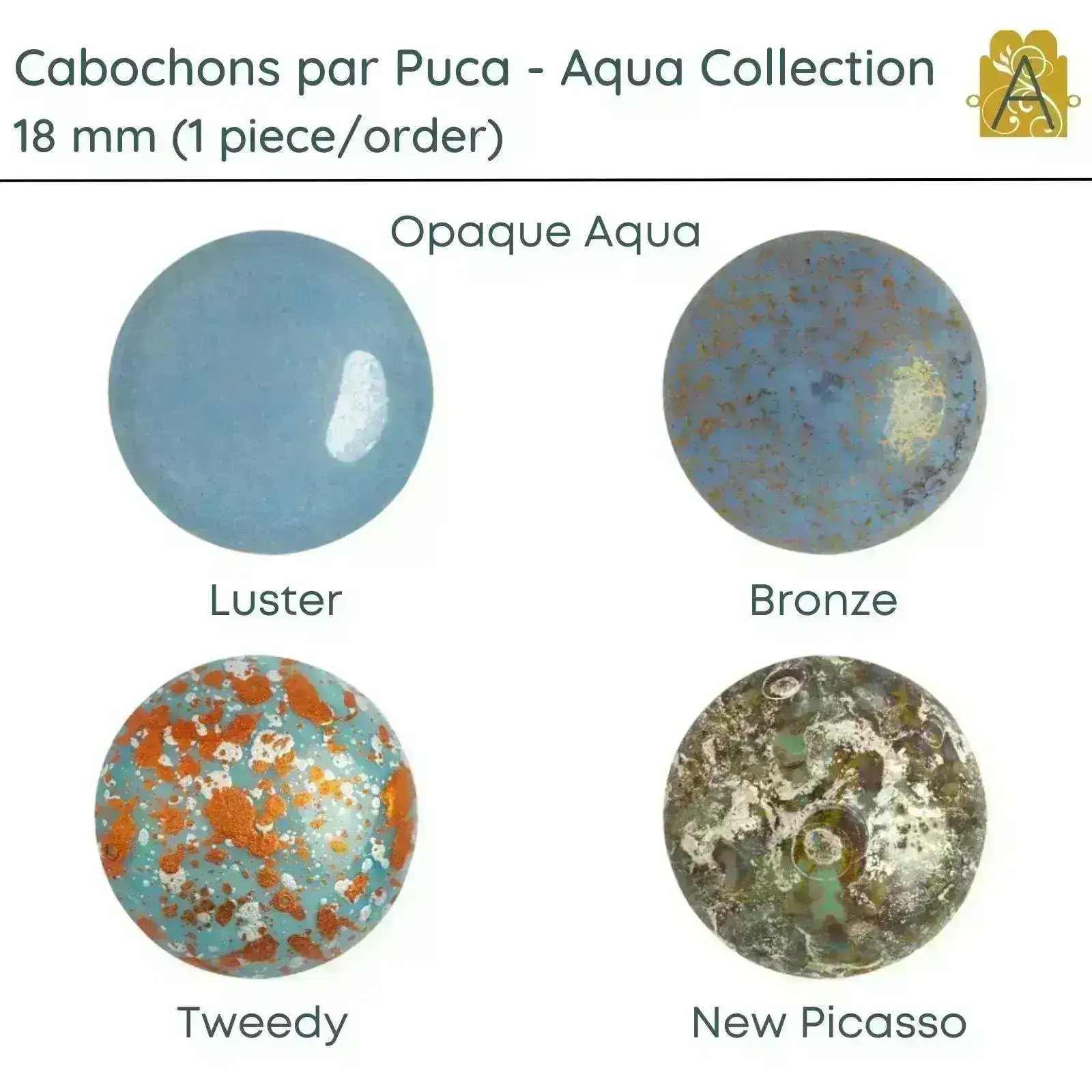 Cabochon par Puca, 18mm, Aqua Collection, 4 Finishes
