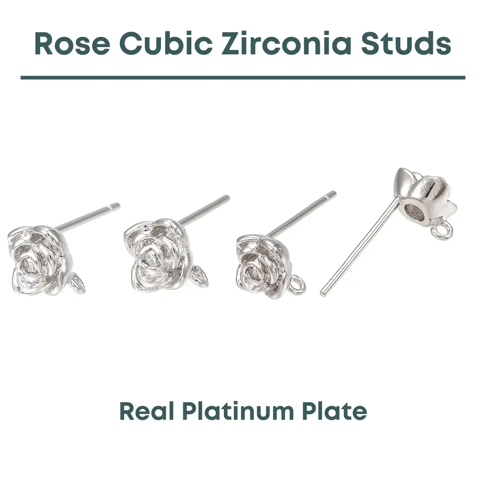 Rose Cubic Zirconia Earring Posts, 2 Pair