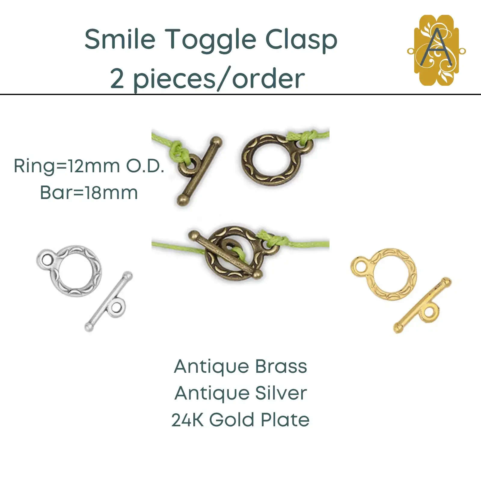 Smile Toggle Clasp (2 Pcs.), 3 Finishes