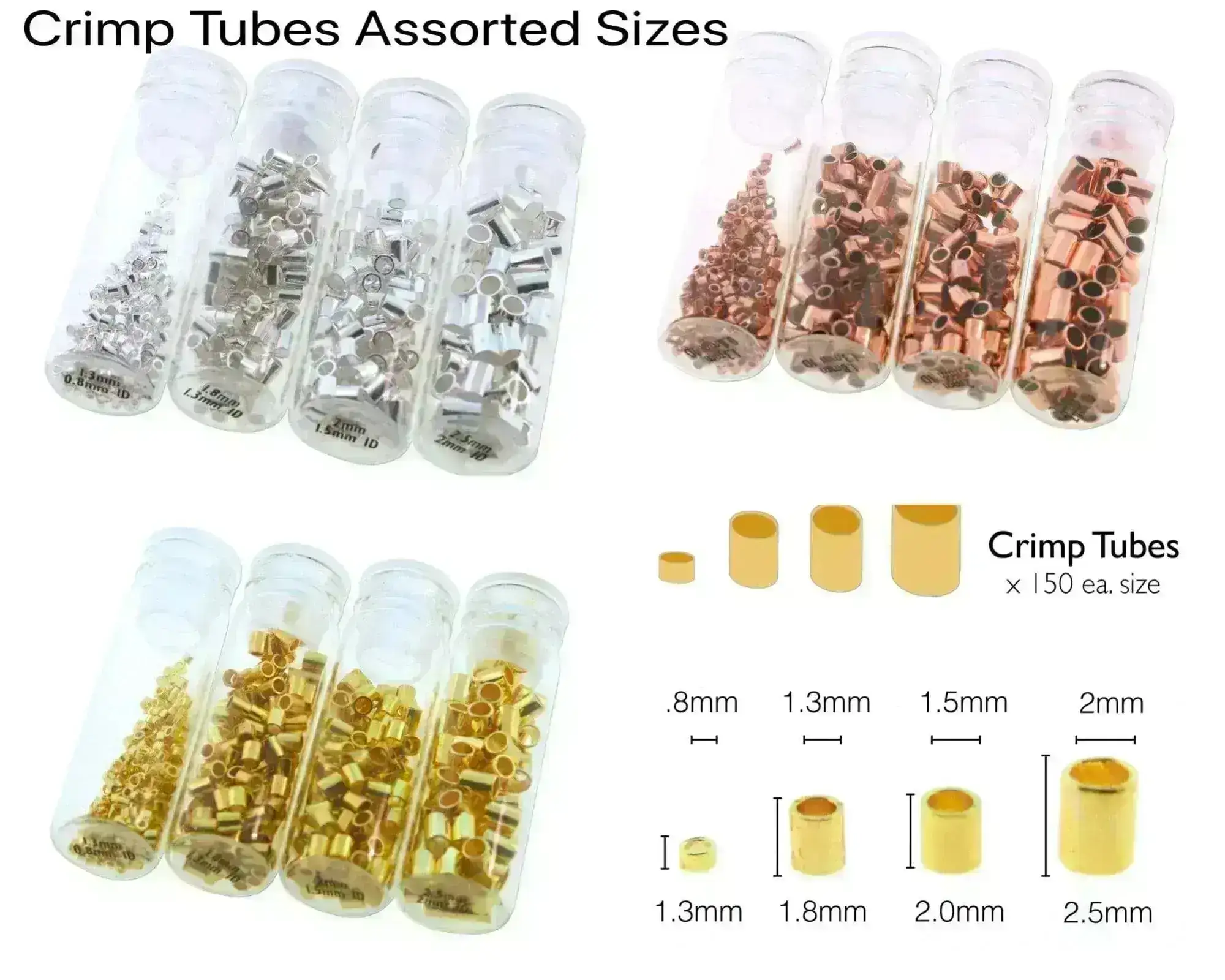 Crimp Tube Assorted Sizes, 0.8, 1.3, 1.5 and 2mm, Silver, Copper or Gold Plate