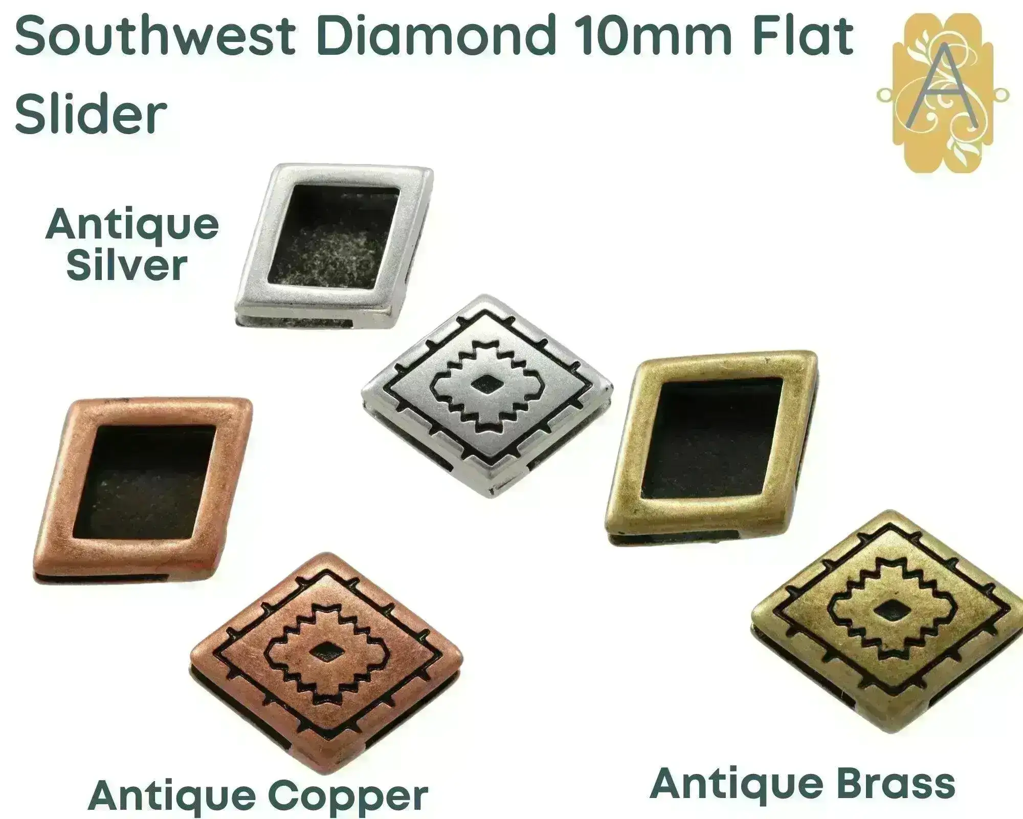 Southwest Diamond Sliders for 10mm Leather or Cork, 2 Pcs. 3 Finishes