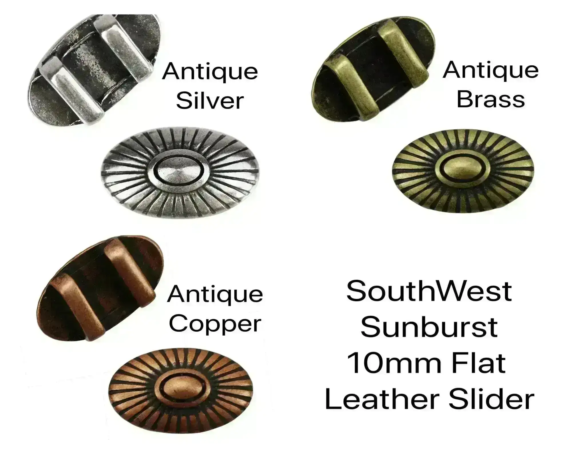 Southwest Sunburst Slider, 10mm, for Leather or Cork in 3 Finishes