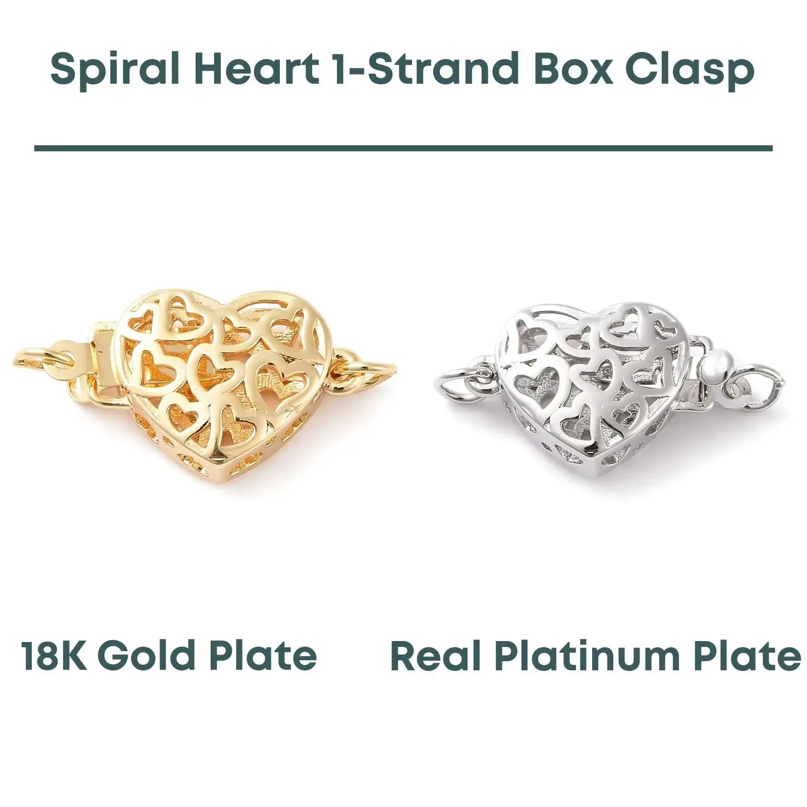 Spiral Heart 1-Strand Box Clasp, 2 Precious Metal Finishes